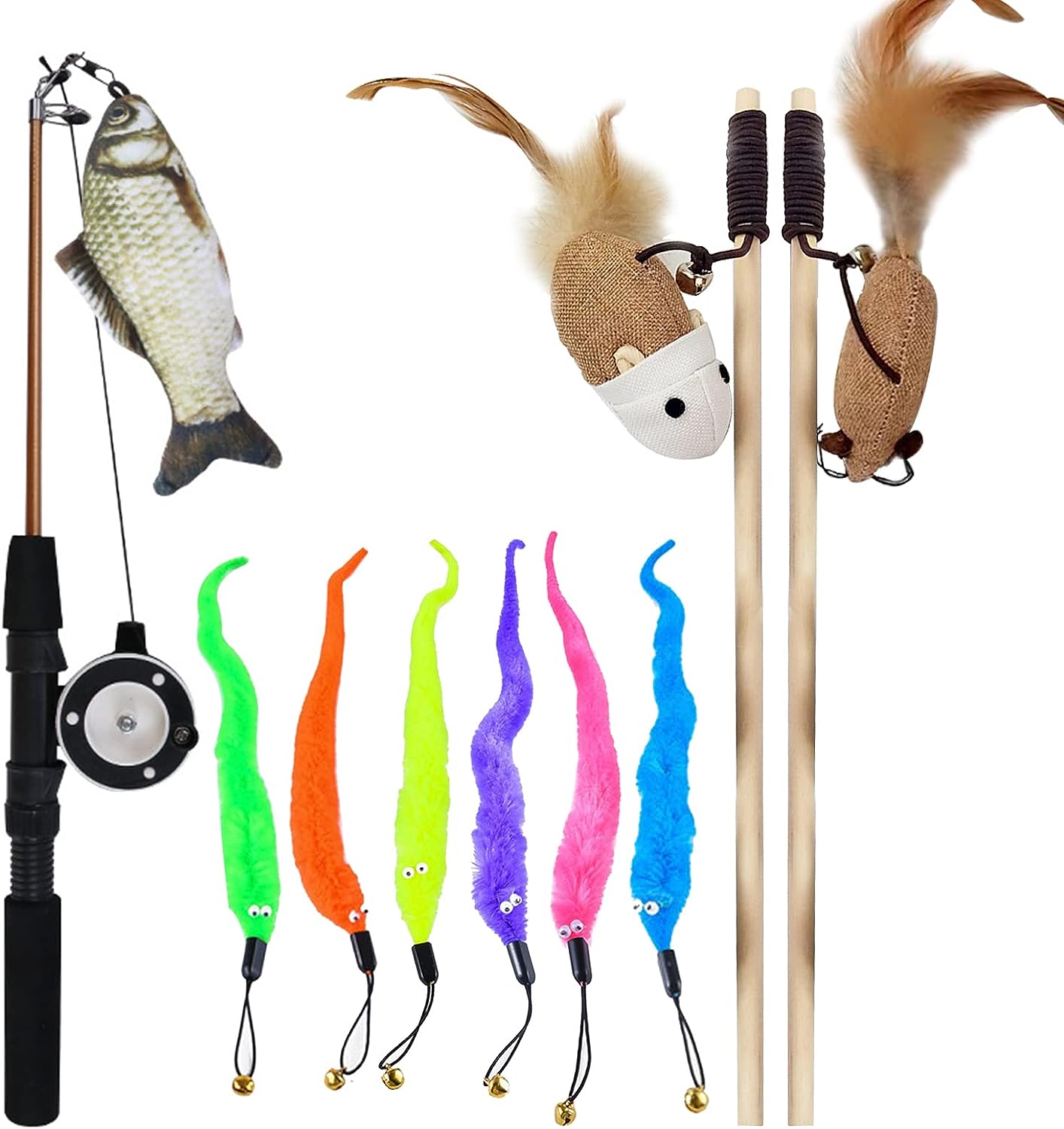 Toplstud Katzenspielzeug Interaktives Katzenspielzeug Set Versenkbare Interaktive Katzen Rods 2 STK Katzenstange mit Holzgriff und Leinenmaus Bug/Fisc