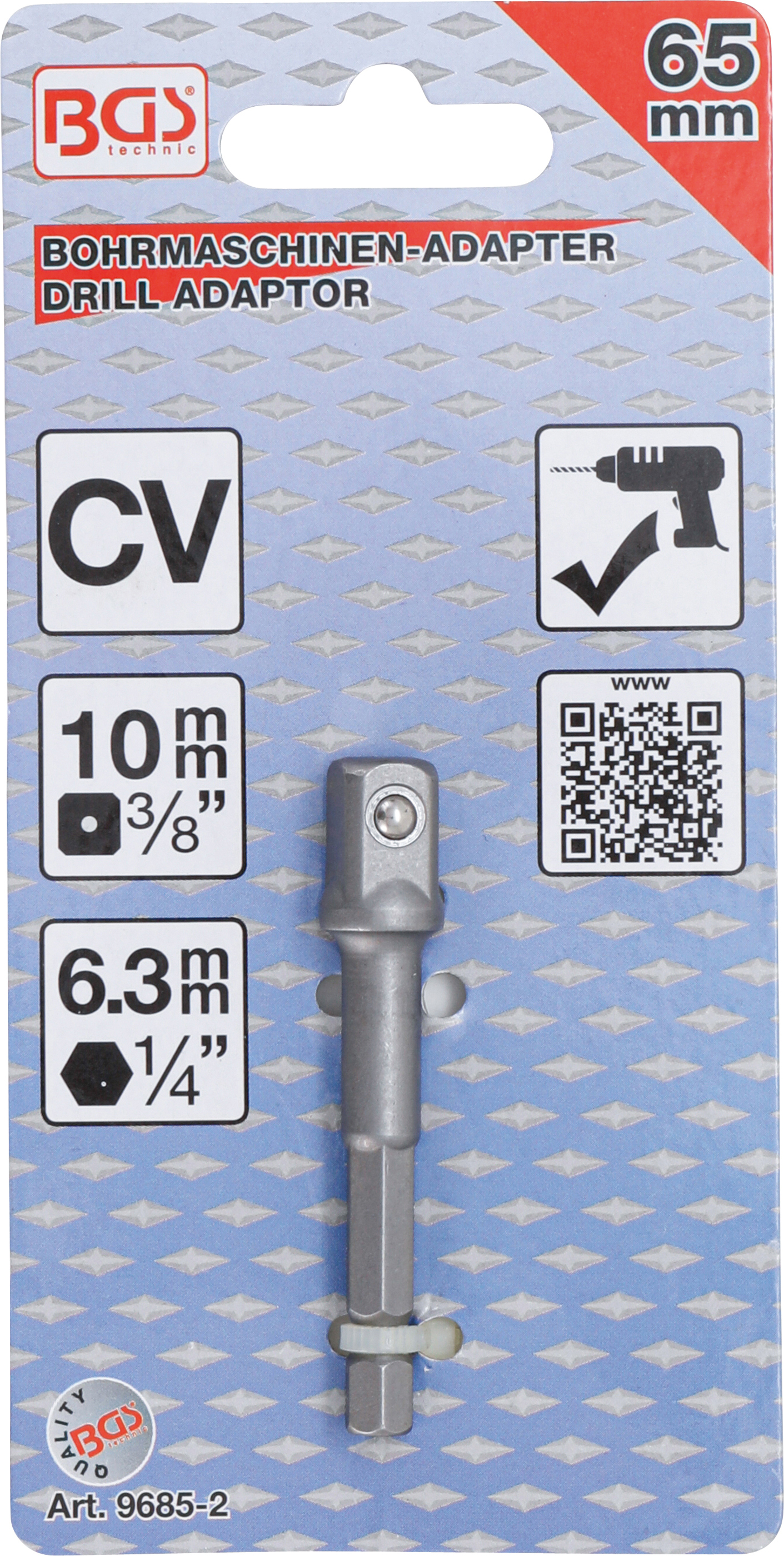 BGS Adapter für Bohrmaschinen | Antrieb Außensechskant 6,3 mm (1/4") / Abtrieb Außenvierkant 10 mm (3/8")