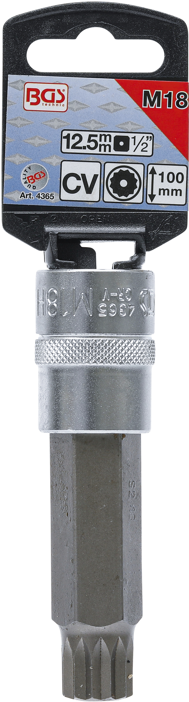 BGS Bit-Einsatz | Länge 100 mm | Antrieb Innenvierkant 12,5 mm (1/2") | Innenvielzahn (für XZN) mit Bohrung M18