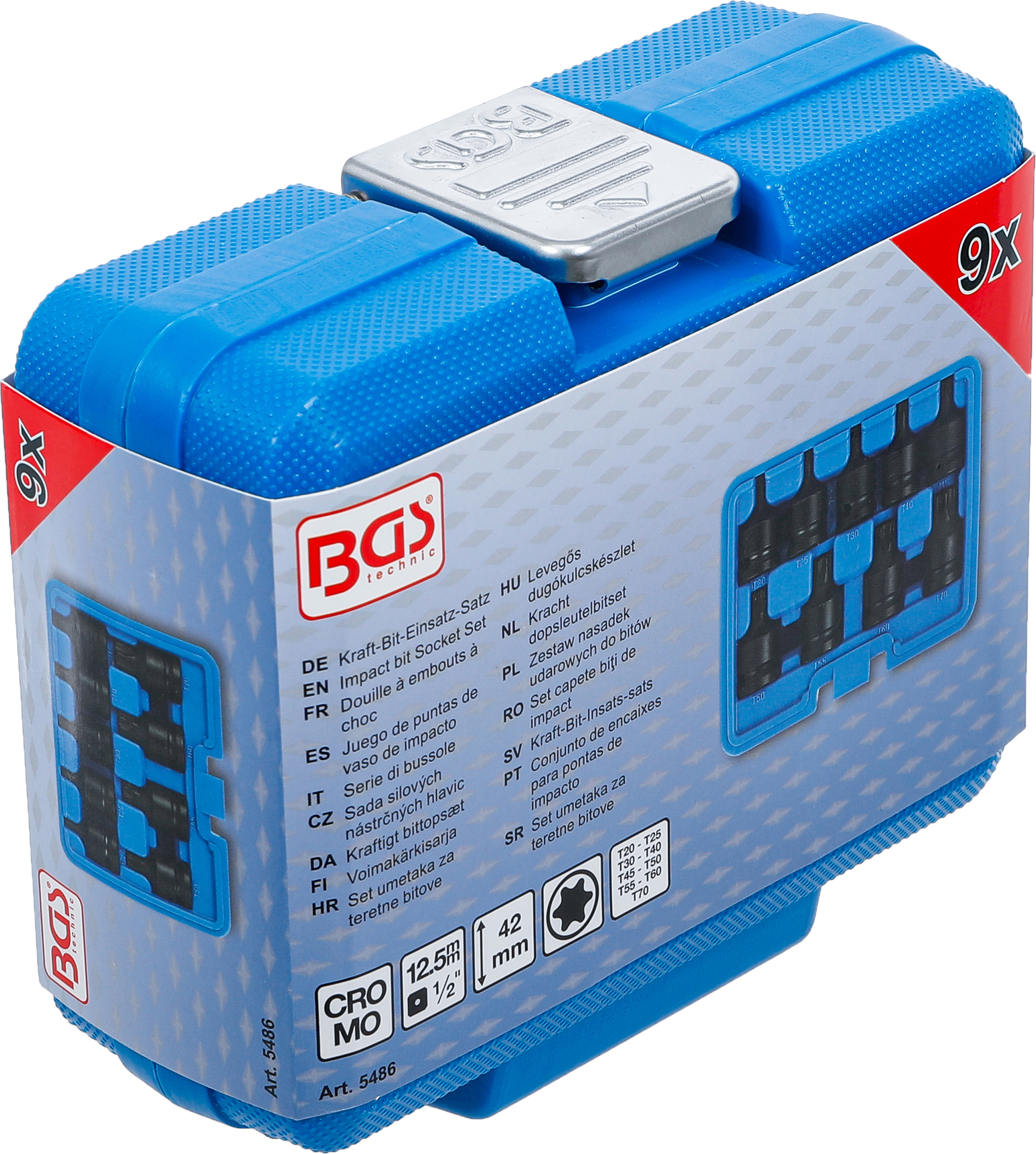 BGS Kraft-Bit-Einsatz-Satz | Antrieb Innenvierkant 12,5 mm (1/2") | T-Profil (für Torx) T20 - T70 | 9-tlg.