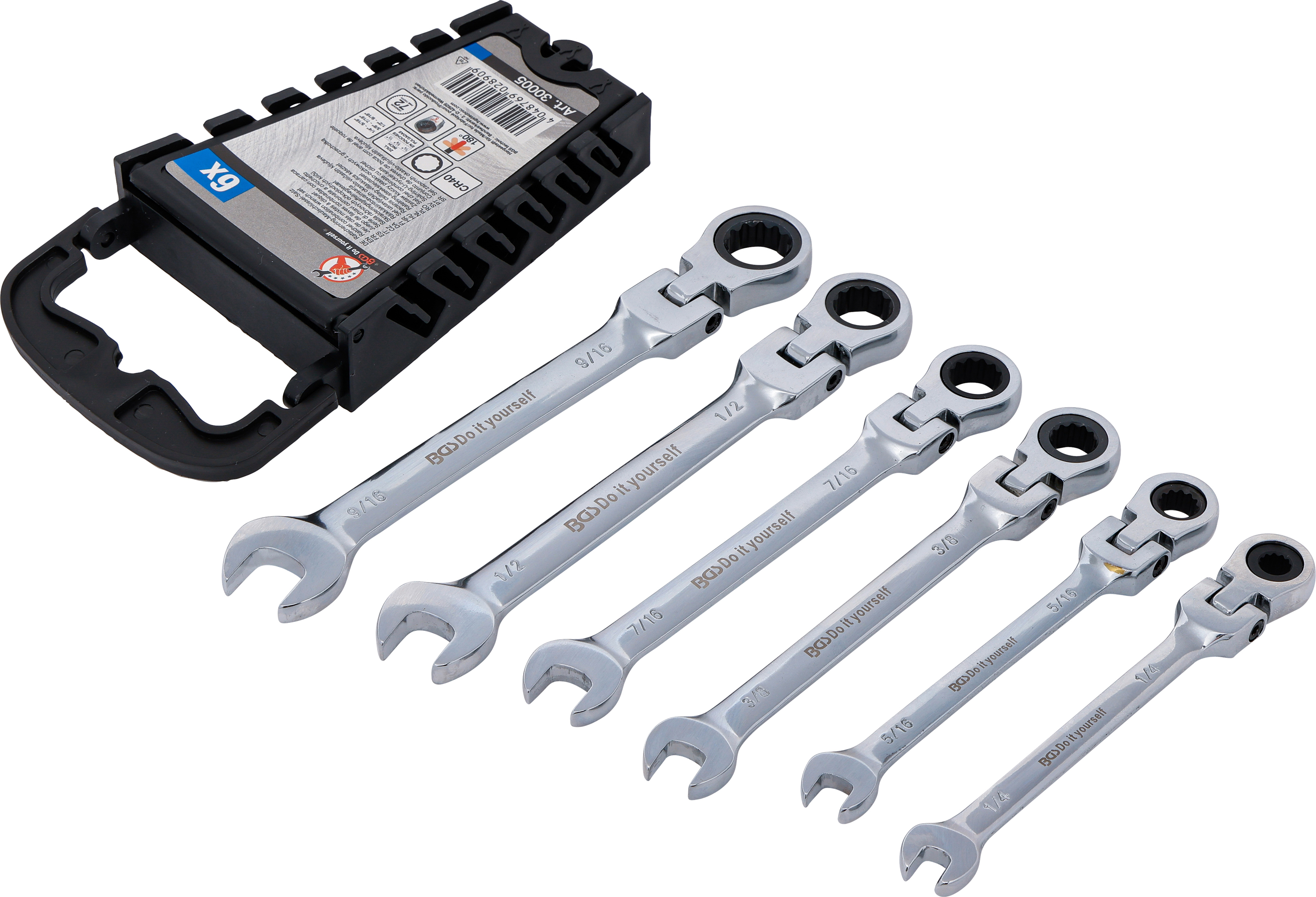 BGS Ratschenring-Maulschlüssel-Satz | flexible Köpfe | Zollmaße | SW 1/4" - 9/16" | 6-tlg.