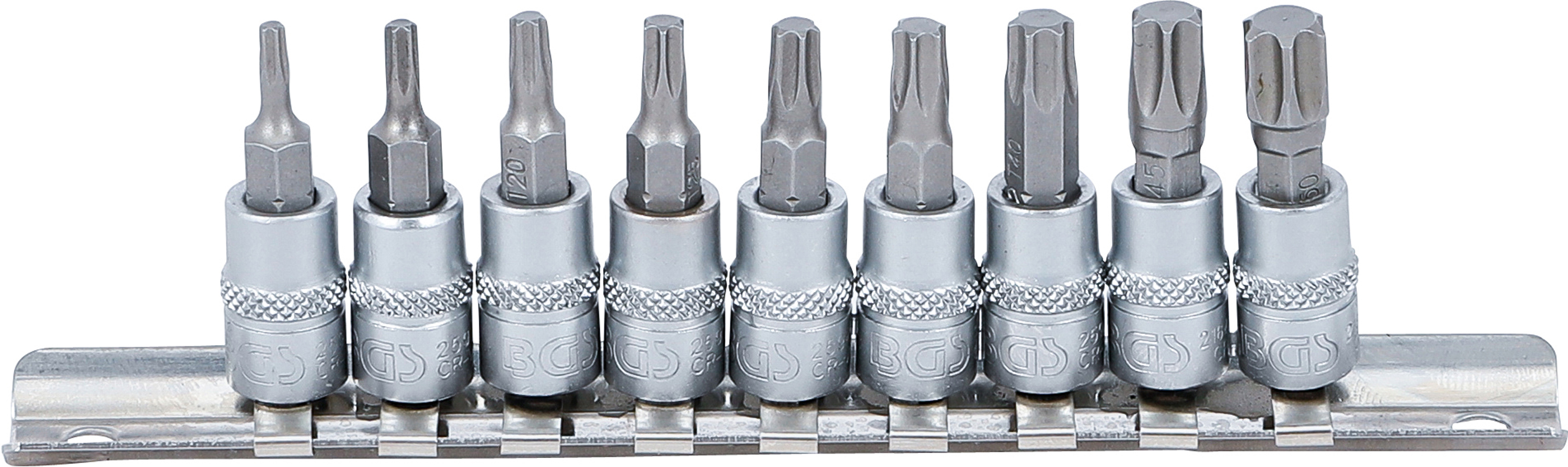 BGS Bit-Einsatz-Satz | Antrieb Innenvierkant 6,3 mm (1/4") | T-Profil (für Torx) T10 - T50 | 9-tlg.