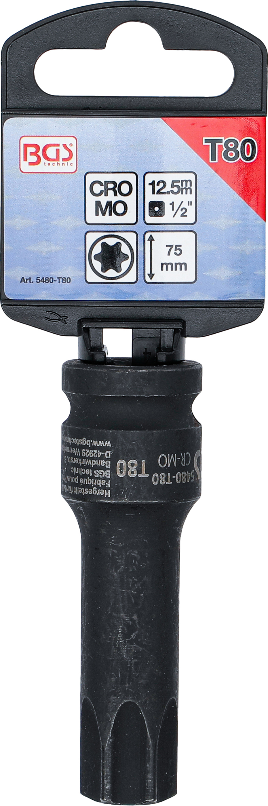 BGS Kraft-Bit-Einsatz | Länge 75 mm | Antrieb Innenvierkant 12,5 mm (1/2") | T-Profil (für Torx) T80