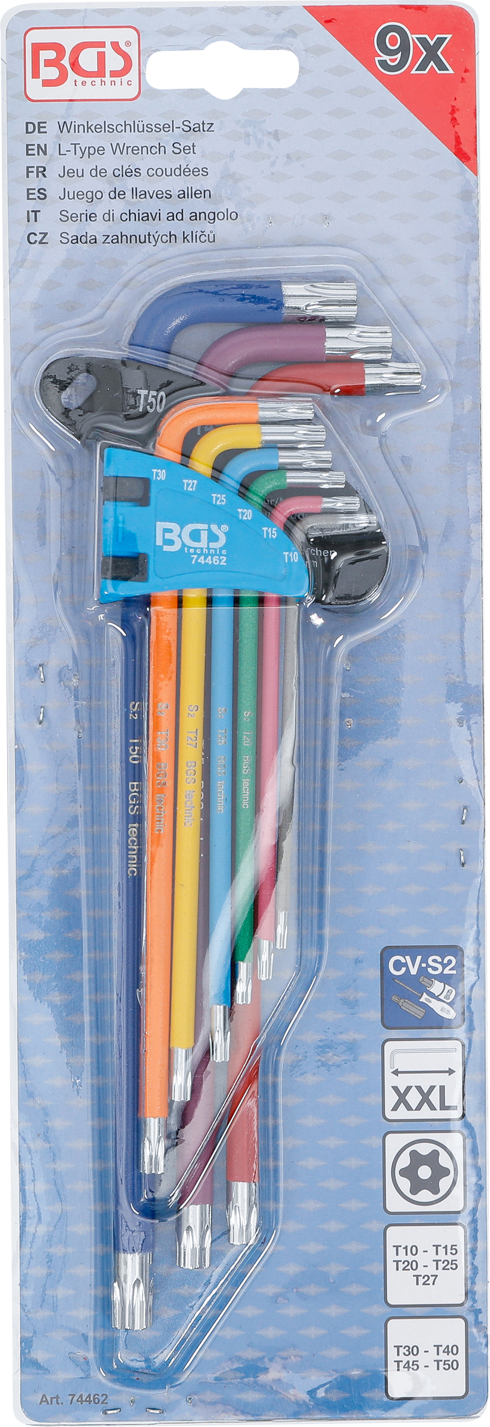 BGS Winkelschlüssel-Satz | Multicolour | extra lang | T-Profil (für Torx) mit Bohrung T10 - T50 | 9-tlg.