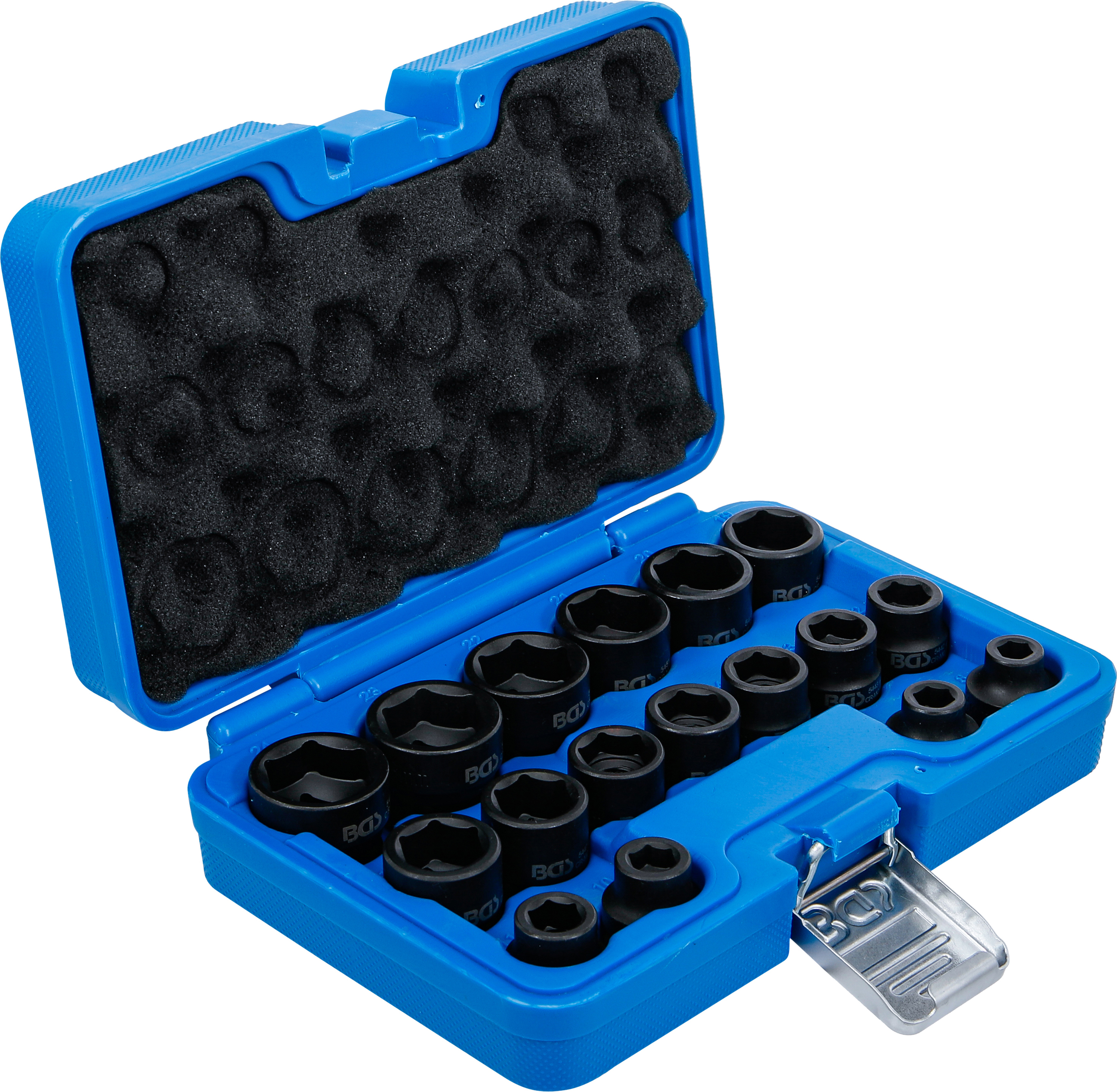 BGS Kraft-Steckschlüssel-Einsatz-Satz Sechskant, extra flach | Antrieb Innenvierkant 12,5 mm (1/2") | SW 8 - 24 mm | 17-tlg.