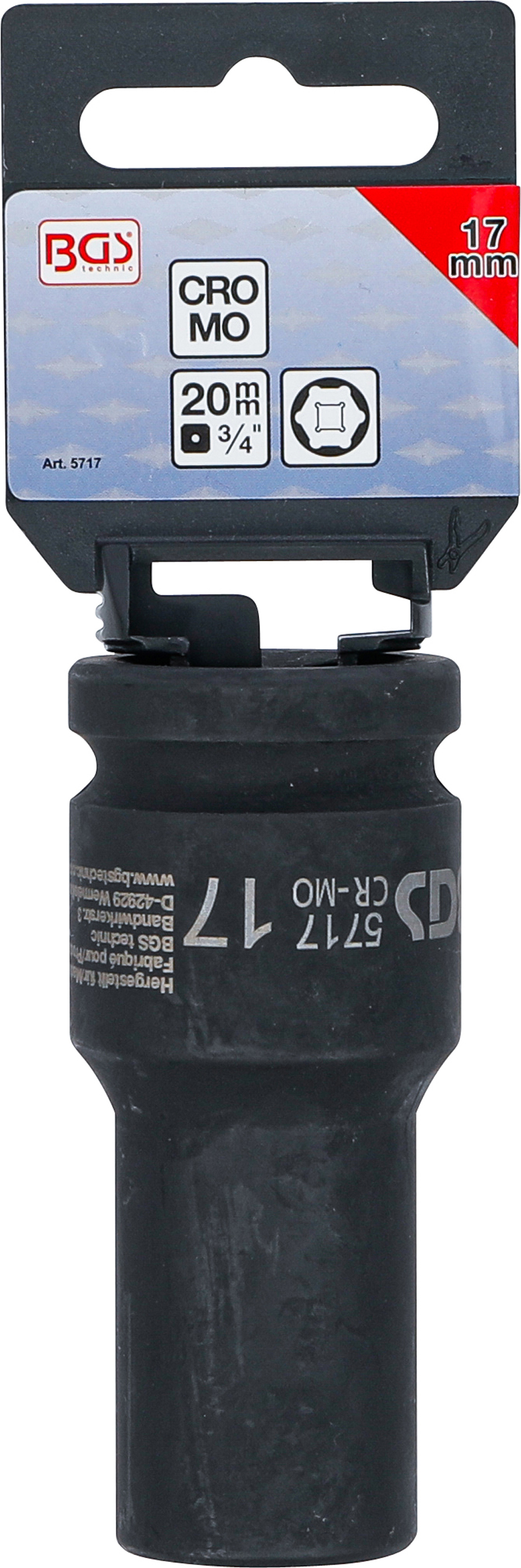 BGS Kraft-Steckschlüssel-Einsatz Sechskant, tief | Antrieb Innenvierkant 20 mm (3/4") | SW 17 mm