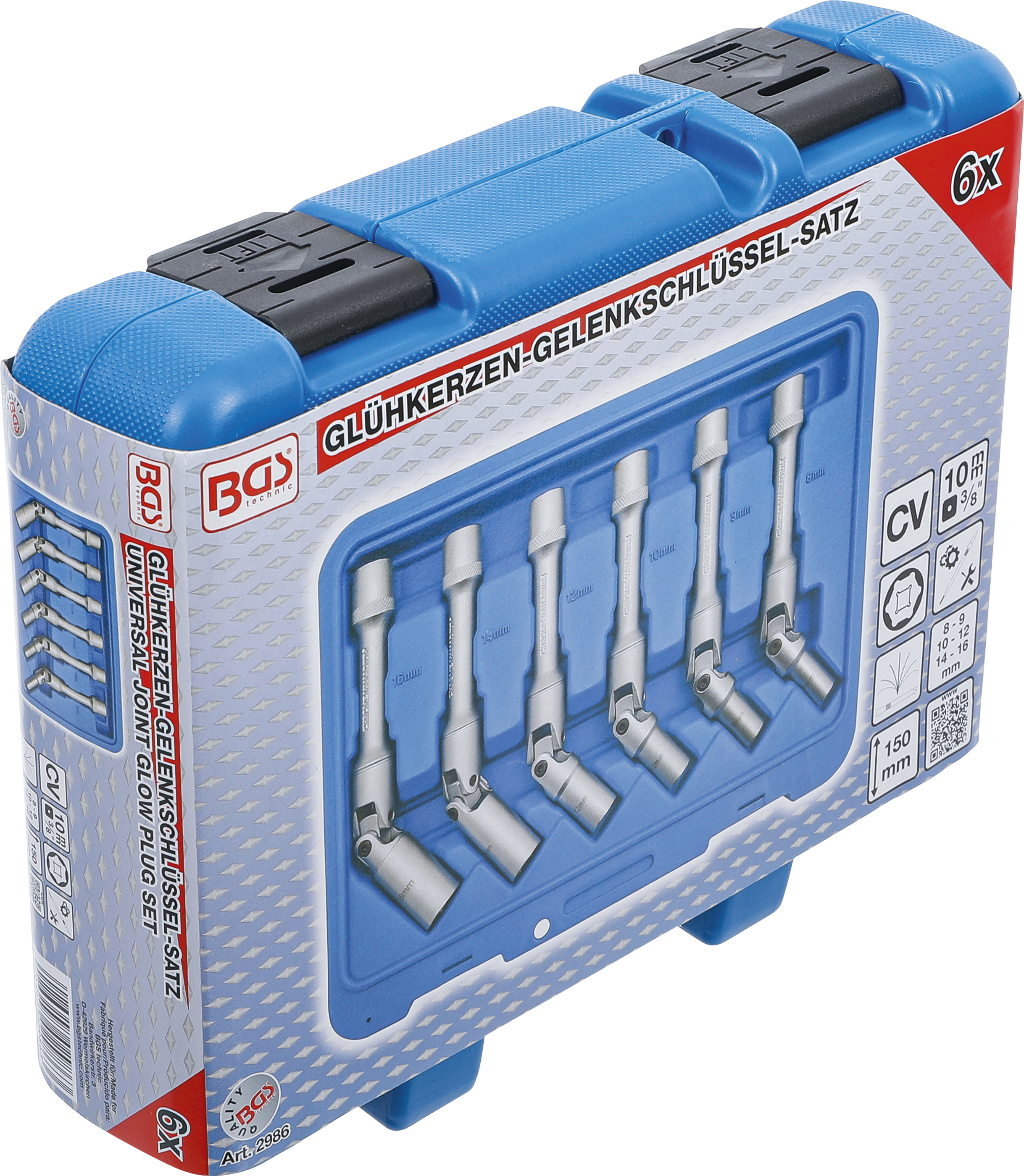 BGS Universal Glühkerzen-Gelenkschlüssel-Satz, Sechskant | Antrieb Innenvierkant 10 mm (3/8") | SW 8 - 16 mm | 6-tlg.