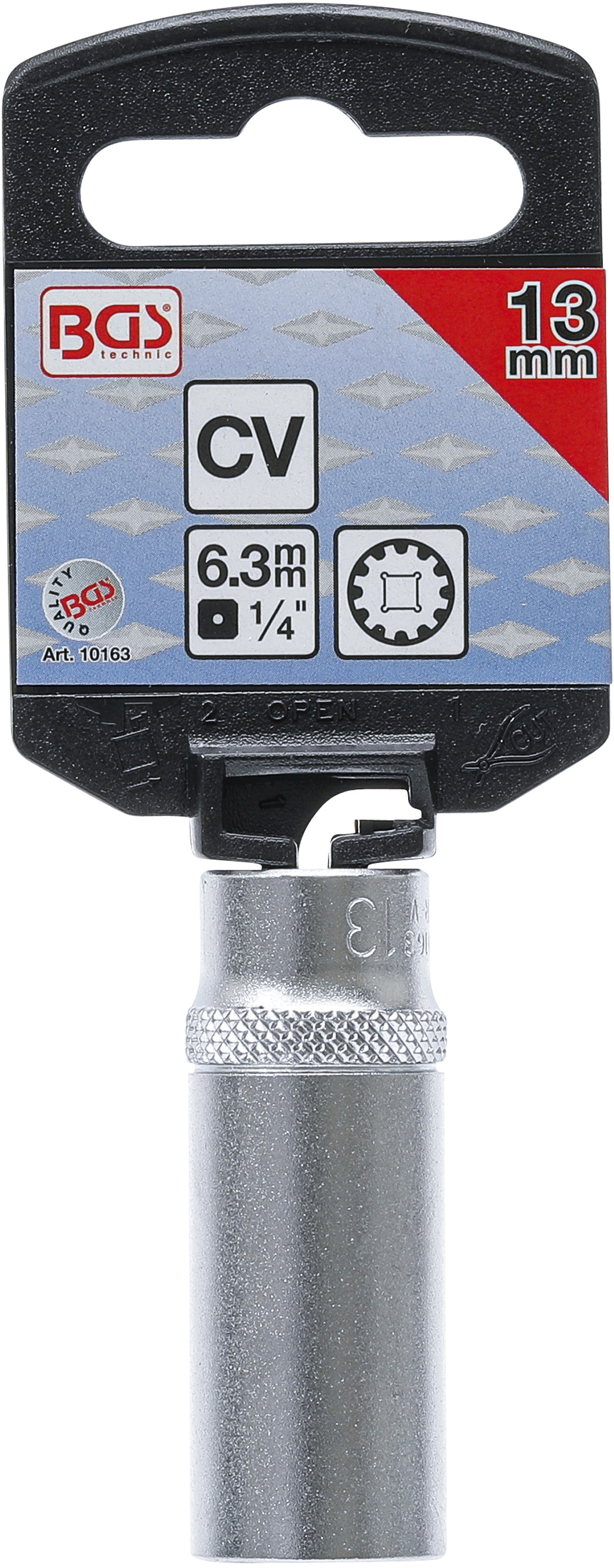 BGS Steckschlüssel-Einsatz Gear Lock, tief | Antrieb Innenvierkant 6,3 mm (1/4") | SW 13 mm