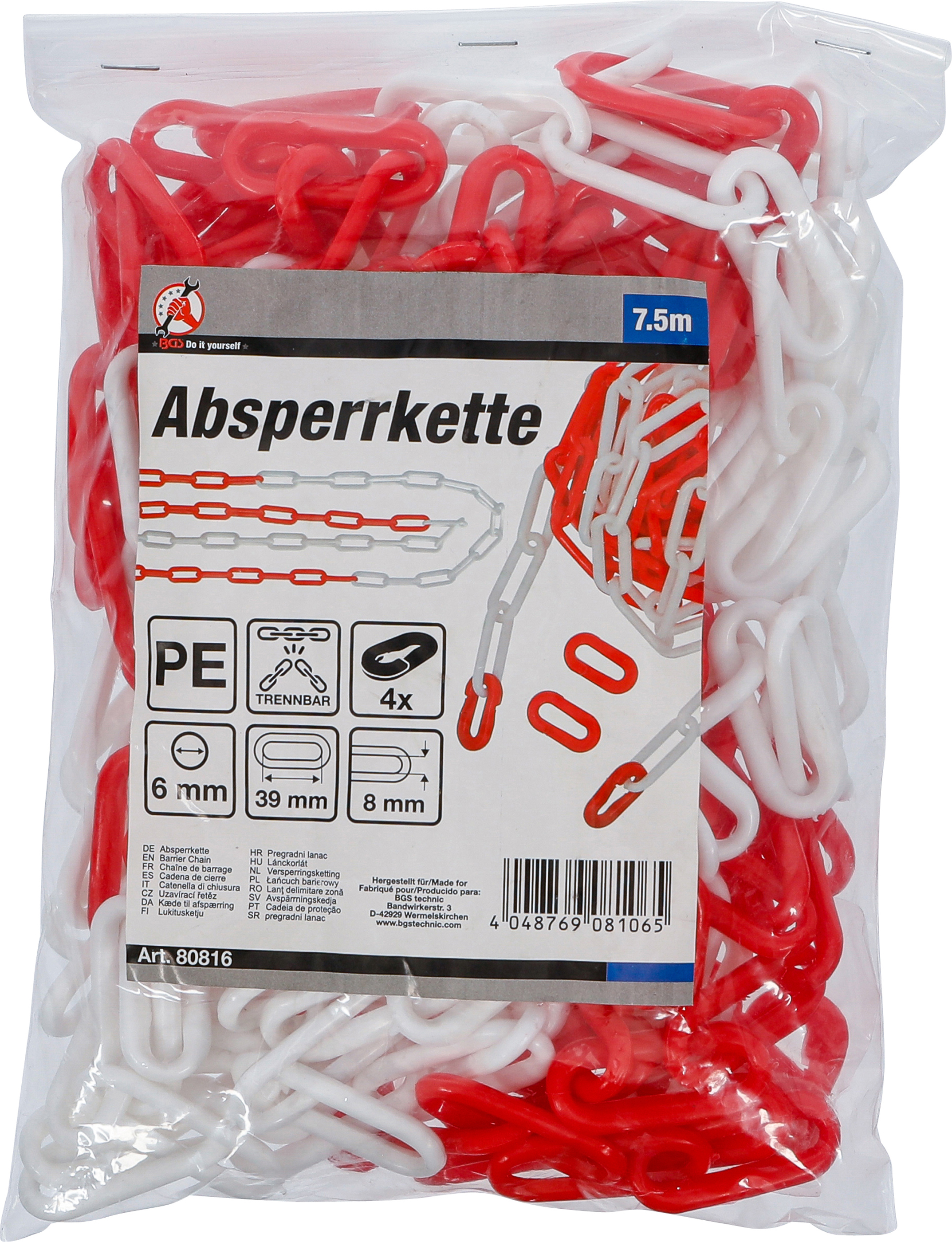 BGS Absperrkette | rot / weiß | 4 Karabiner | Kunststoff | 7,5 m