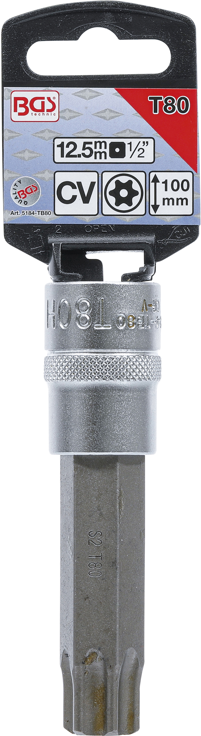 BGS Bit-Einsatz | Länge 100 mm | Antrieb Innenvierkant 12,5 mm (1/2") | T-Profil (für Torx) mit Bohrung T80