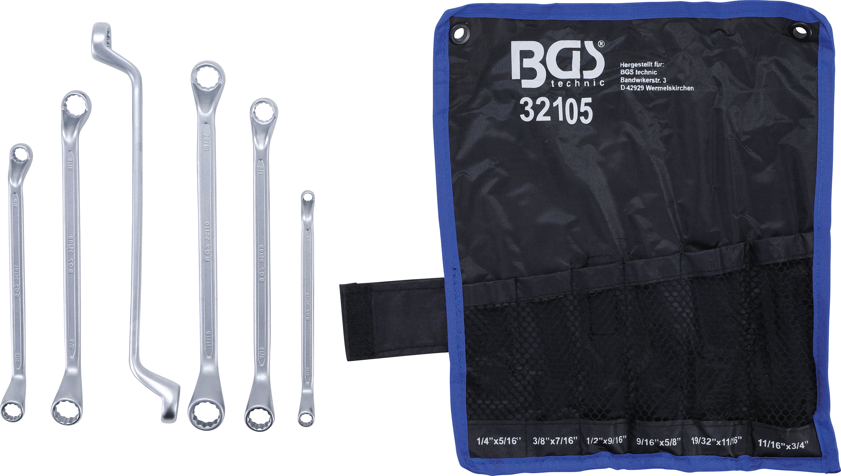 BGS Doppel-Ringschlüssel-Satz | tief gekröpft | Zollgrößen | SW 1/4" - 3/4" | 6-tlg.