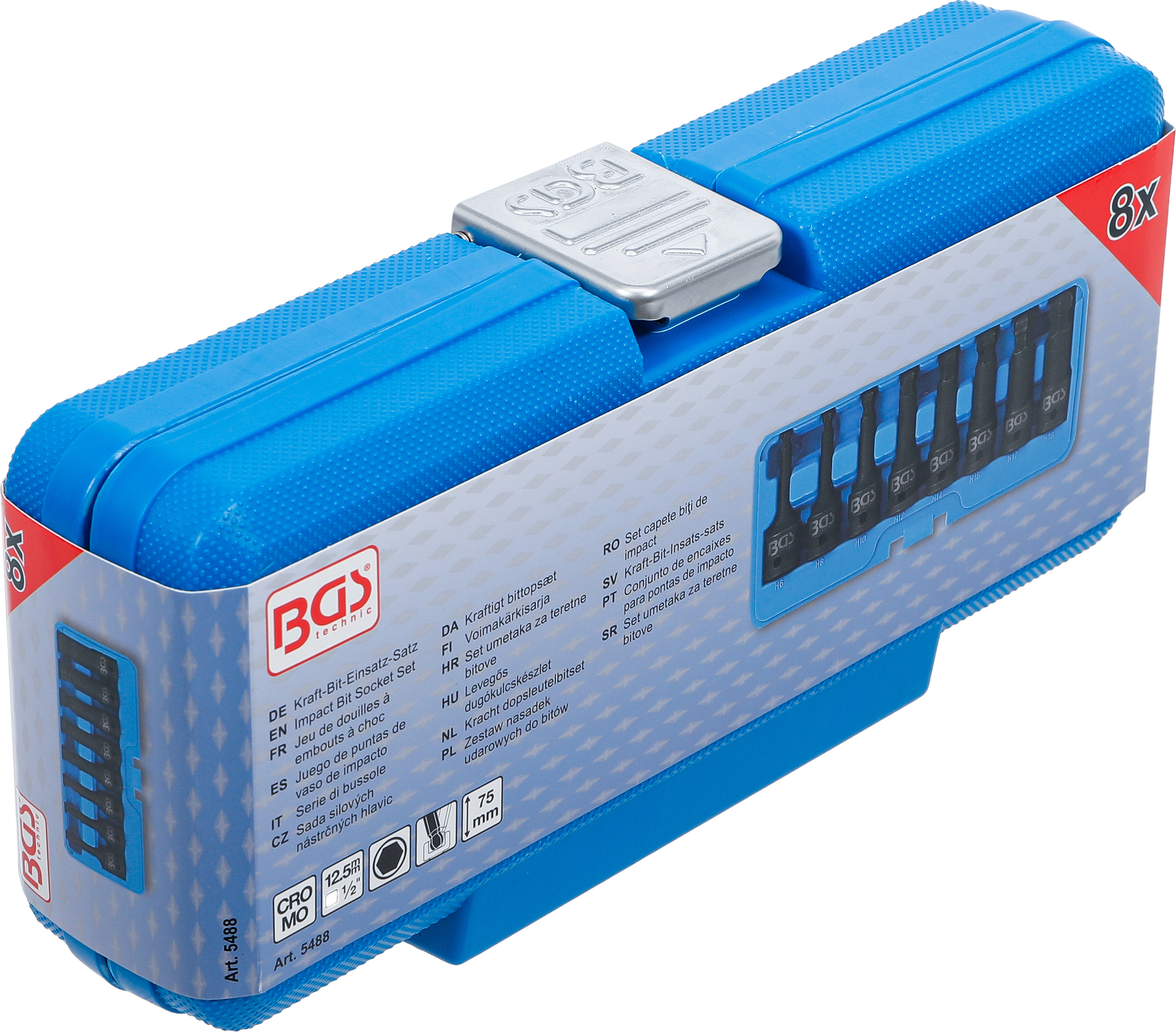 BGS Kraft-Bit-Einsatz-Satz | Länge 75 mm | Antrieb Innenvierkant 12,5 mm (1/2") | Innensechskant mit Kugelkopf 6 - 19 mm | 8-tlg.