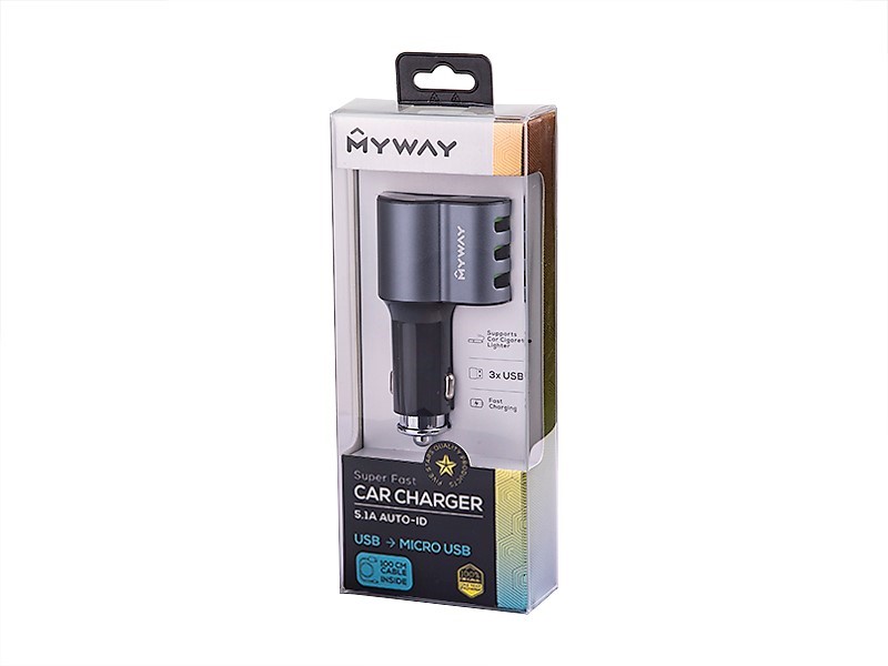 Myway Car Charger Auto Schnell-Ladestecker 3x USB + USB Ladekabel GRATIS