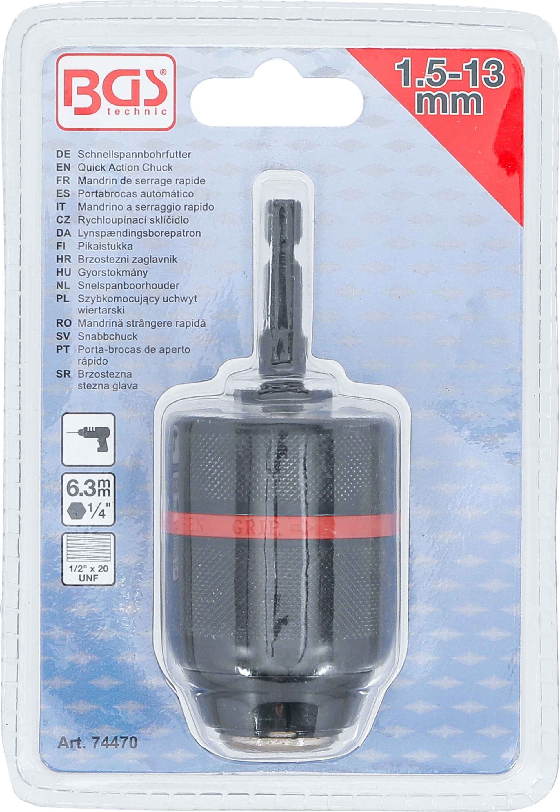 BGS Schnellspannbohrfutter | Metallausführung | Antrieb Außensechskant 6,3 mm (1/4") x 20 UNF | 1,5 - 13 mm