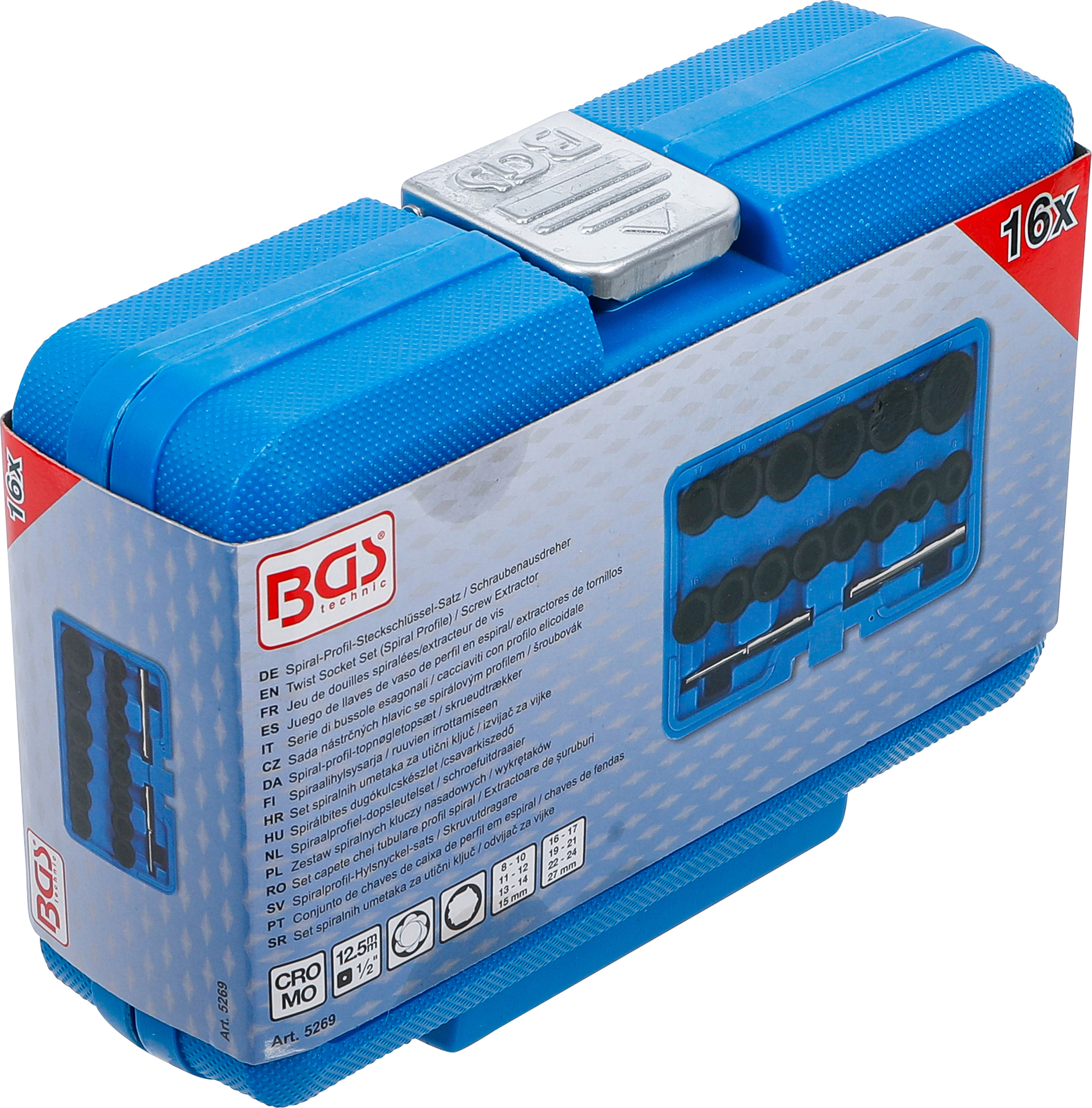 BGS Spiral-Profil-Steckschlüssel-Satz / Schraubenausdreher | Antrieb Innenvierkant 12,5 mm (1/2") | SW 8 - 27 mm | 16-tlg.