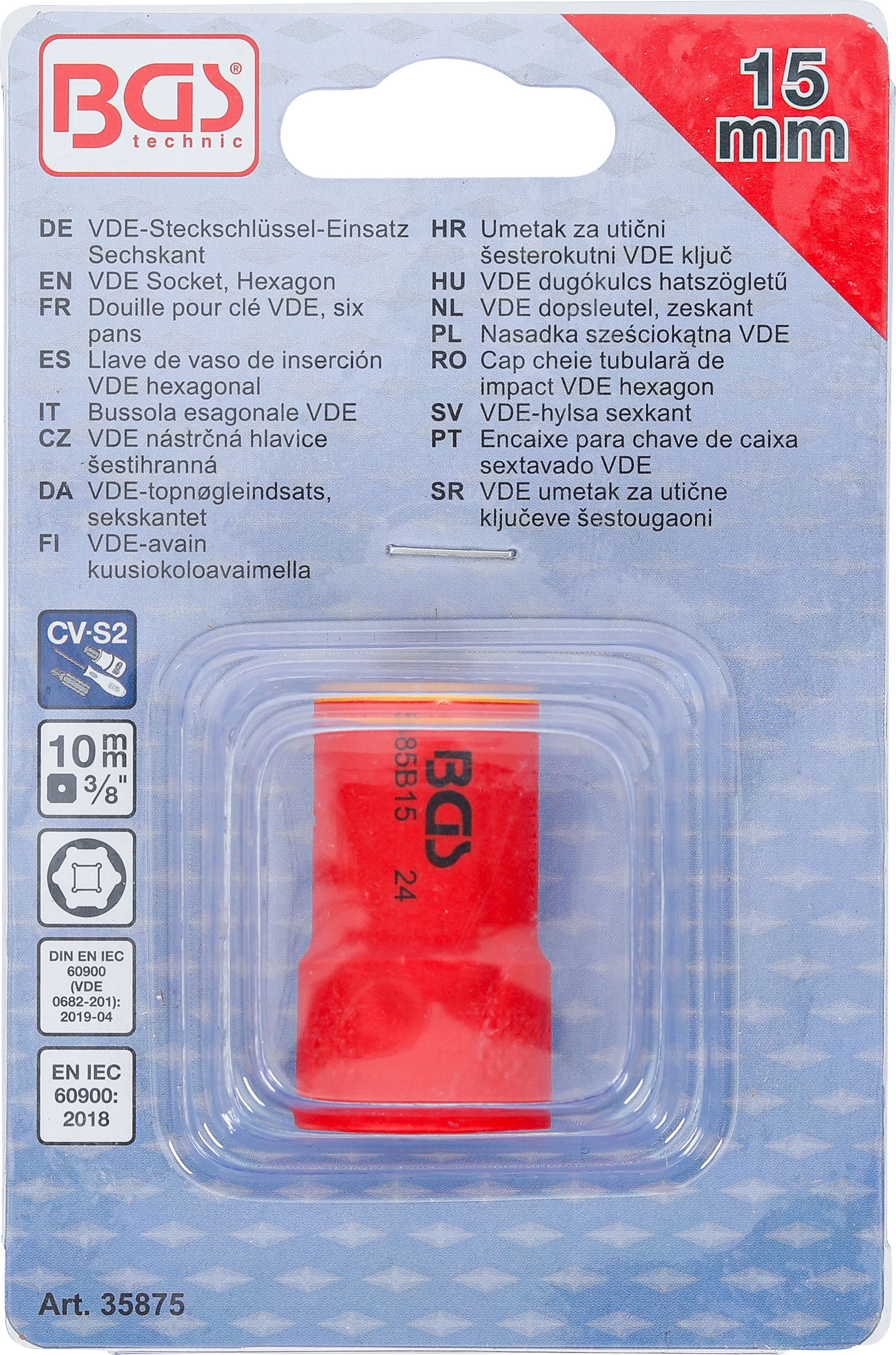 BGS VDE-Steckschlüssel-Einsatz Sechskant | Antrieb Innenvierkant 10 mm (3/8") | SW 15 mm