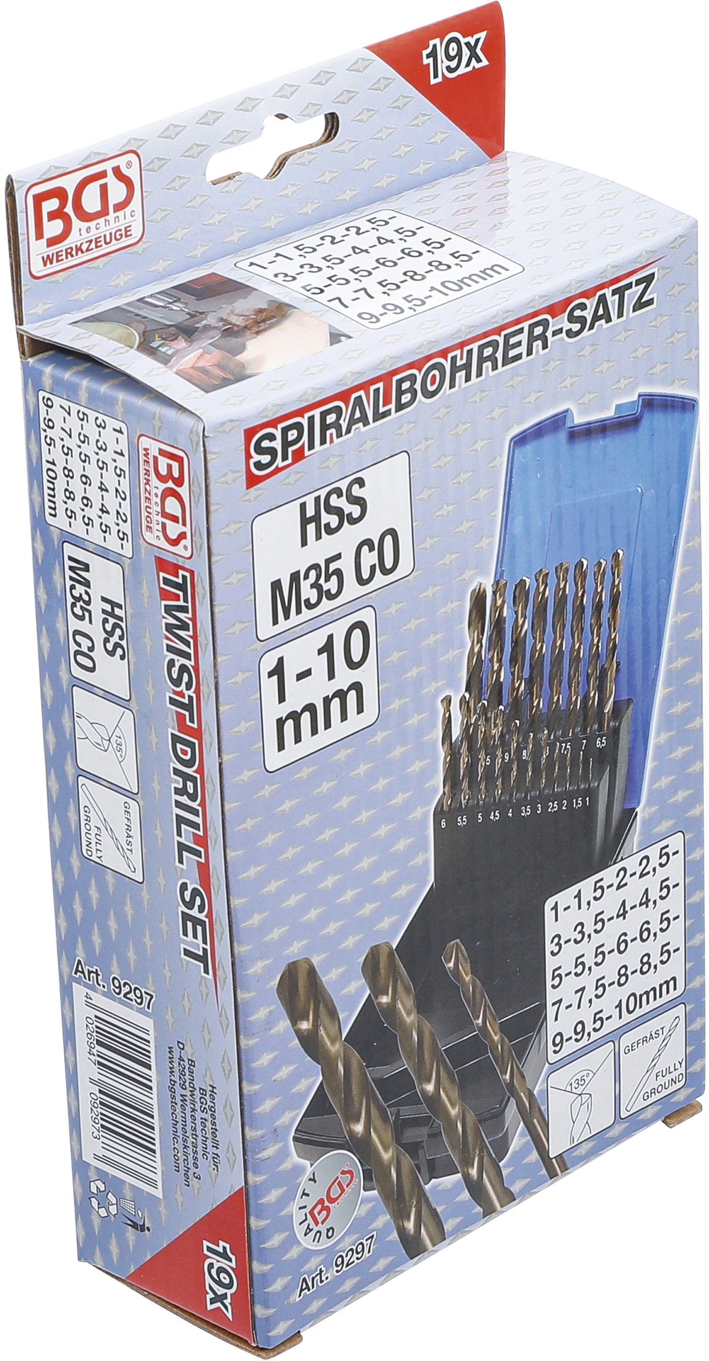 BGS Spiralbohrer-Satz | HSS-G M35 Cobaltstahl | 1 - 10 mm | 19-tlg.