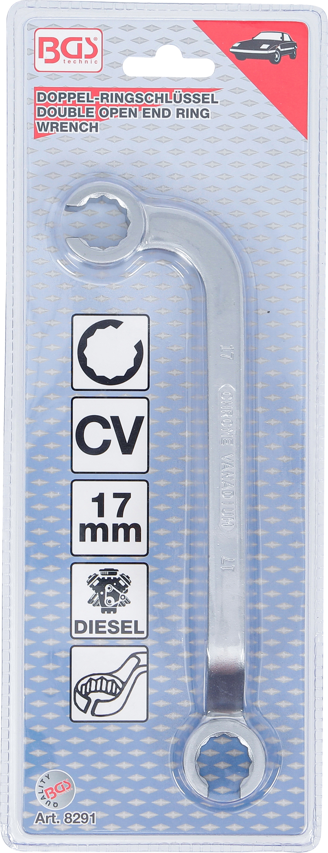 BGS Doppel-Ringschlüssel, offen | für Diesel-Einspritzleitungen | SW 17 mm