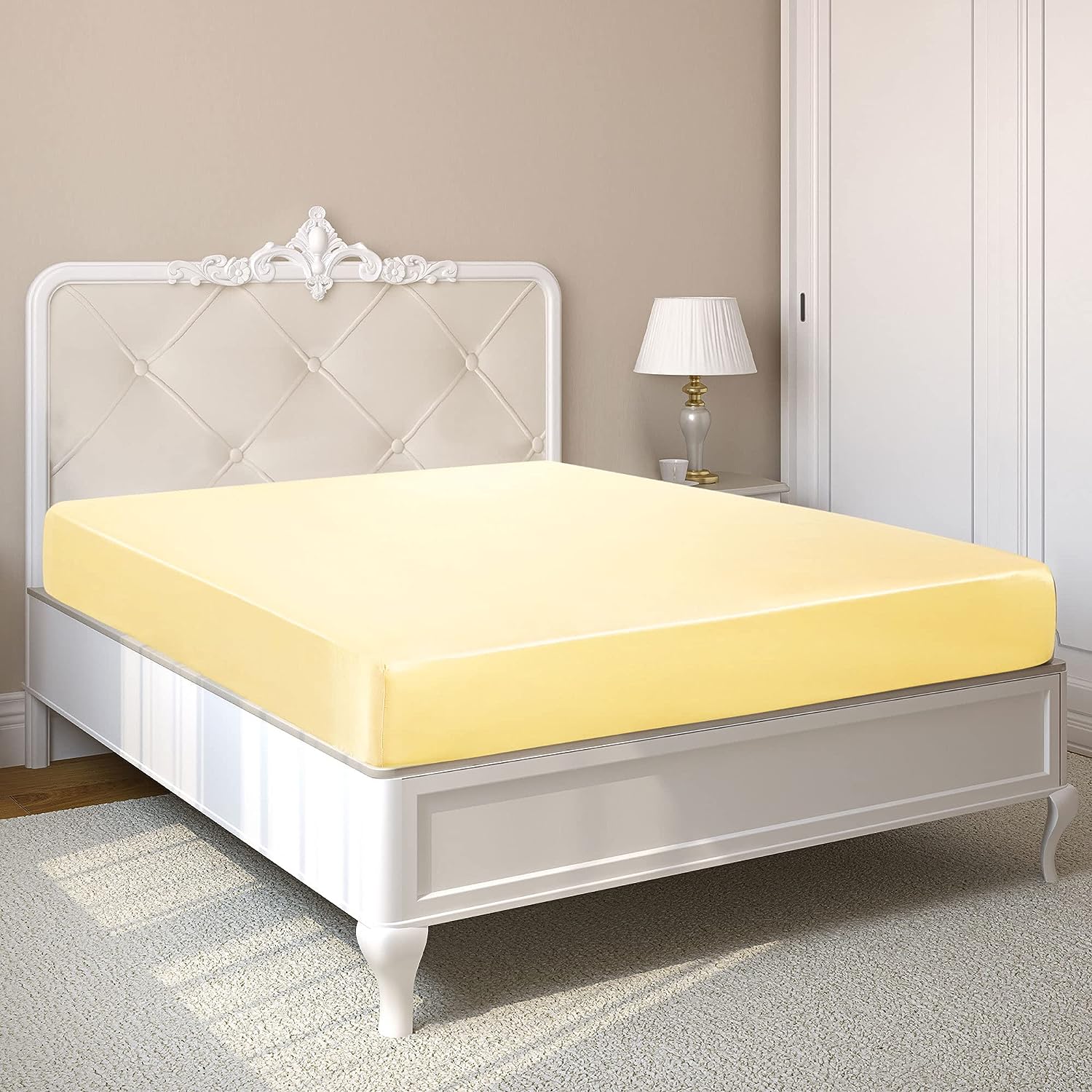 sourcing map Satin Spannbetttuch Bettlaken Fadenzahl 400 Matratzenhöhe 20-35cm Gold 90-100x200cm+20cm