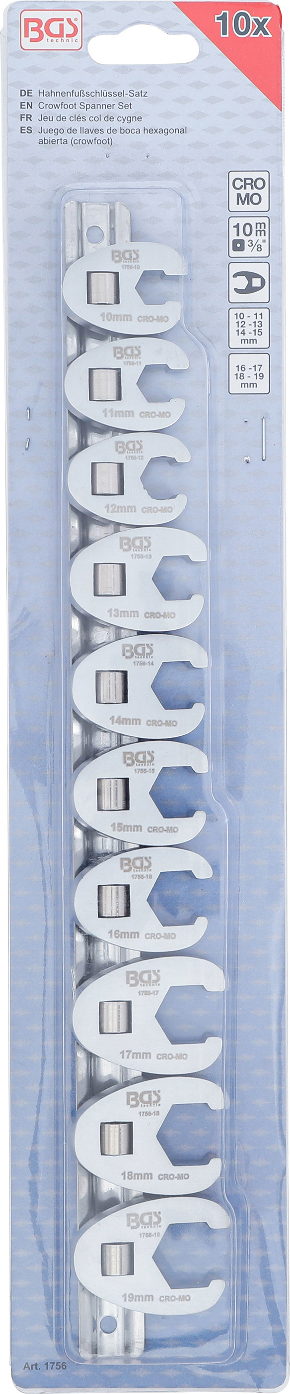 BGS Hahnenfußschlüssel-Satz | Antrieb Innenvierkant 10 mm (3/8") | SW 10 - 19 mm | 10-tlg.