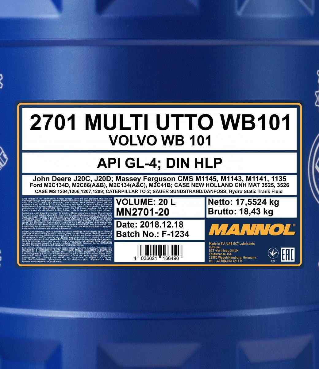 Mannol 2701 Multi UTTO WB 101 GL-4 HLP 20 Liter