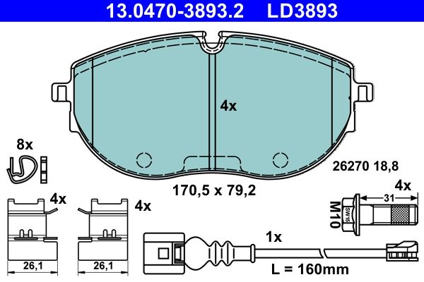 Bremsbelagsatz, Scheibenbremse “ATE 170,5 mm, 79,2 mm, 18,8 mm”