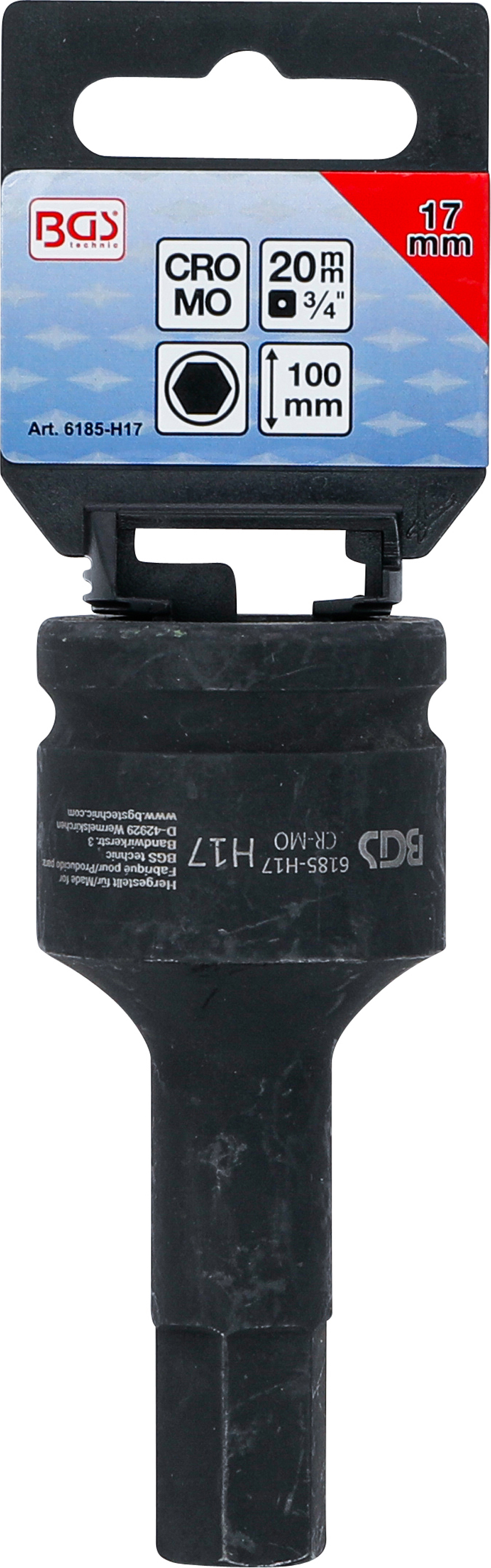 BGS Kraft-Bit-Einsatz | Länge 100 mm | Antrieb Innenvierkant 20 mm (3/4") | Innensechskant 17 mm