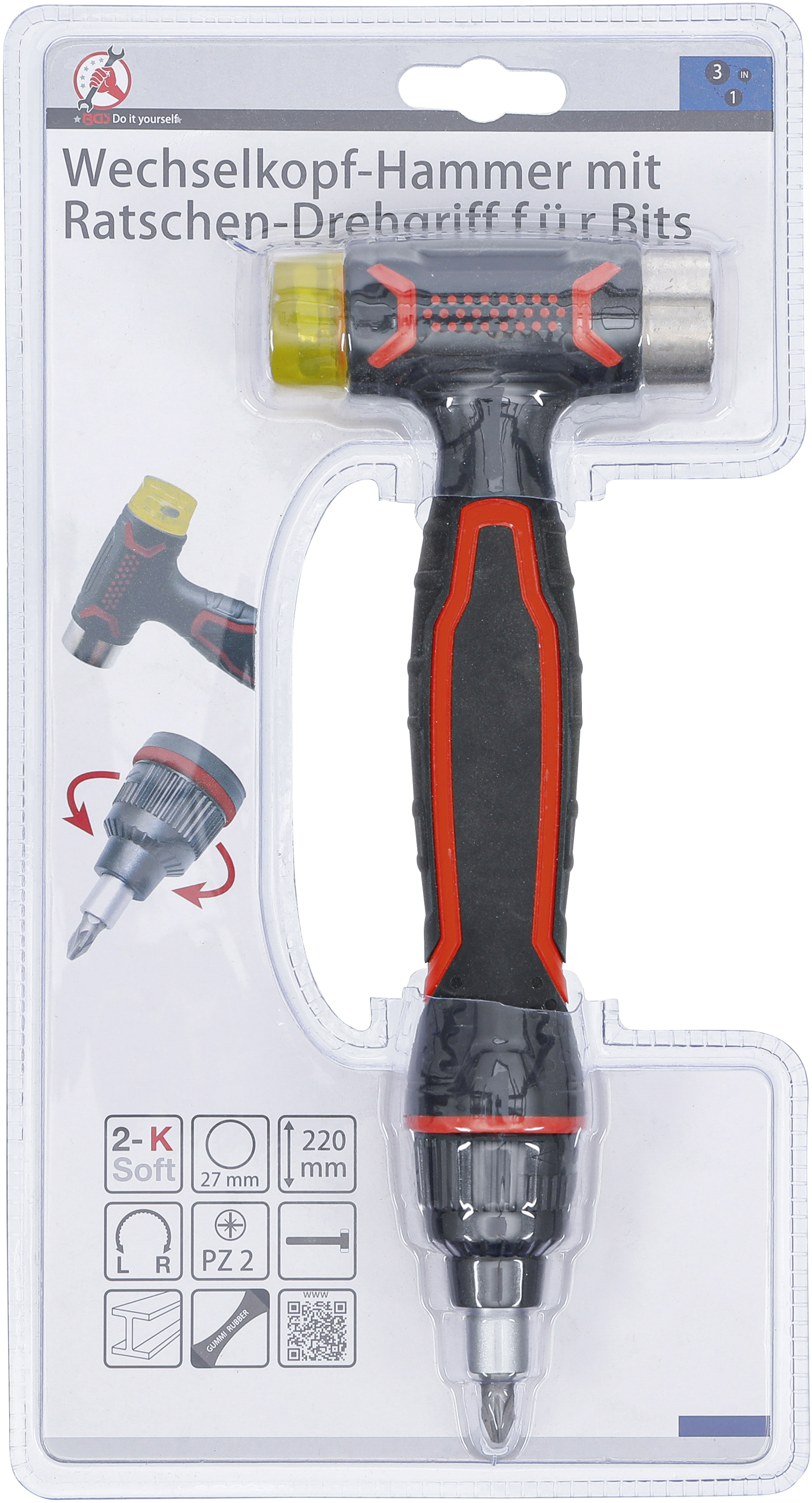 BGS Wechselkopf-Hammer | mit Ratschen-Drehgriff für Bits, umschaltbar | 3-in-1
