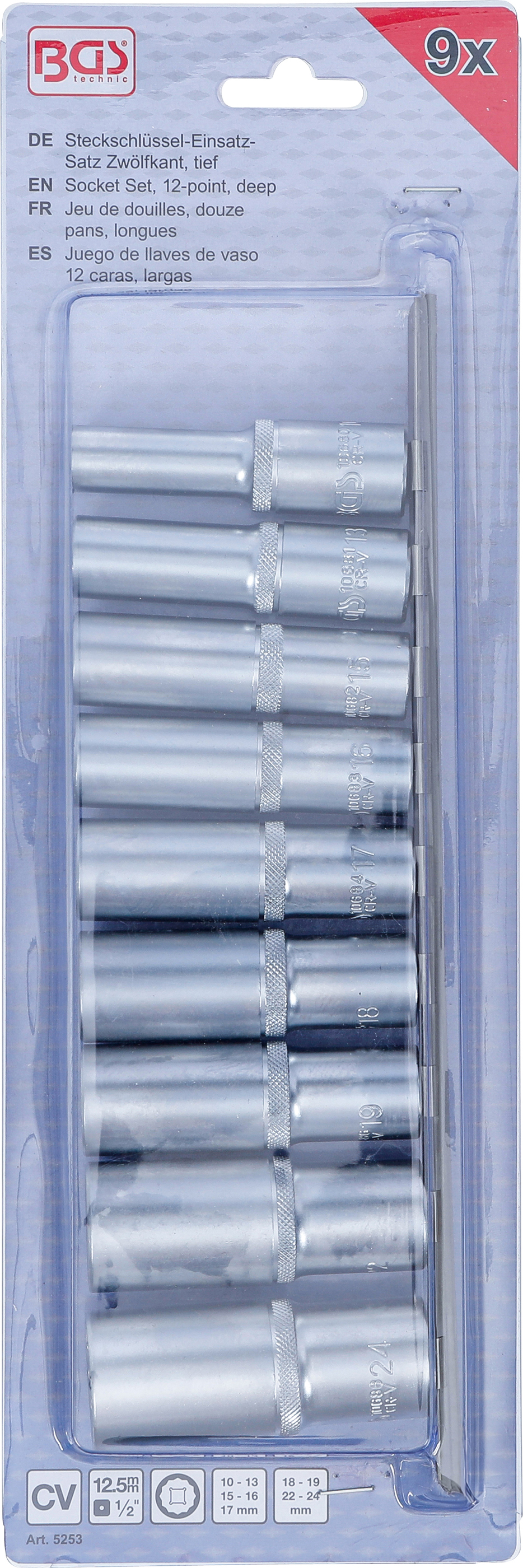 BGS Steckschlüssel-Einsatz-Satz Zwölfkant, tief | Antrieb Innenvierkant 12,5 mm (1/2") | SW 10 - 24 mm | 9-tlg.