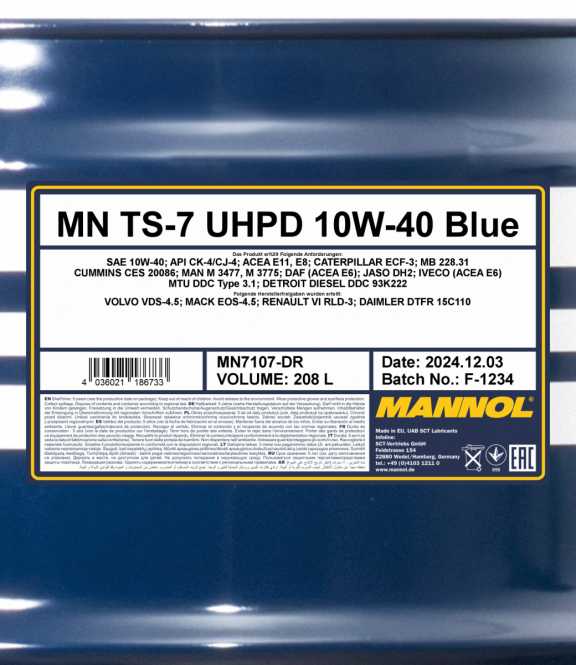 10W-40 Mannol 7107 TS-7 UHPD Blue LKW Motoröl 208 Liter