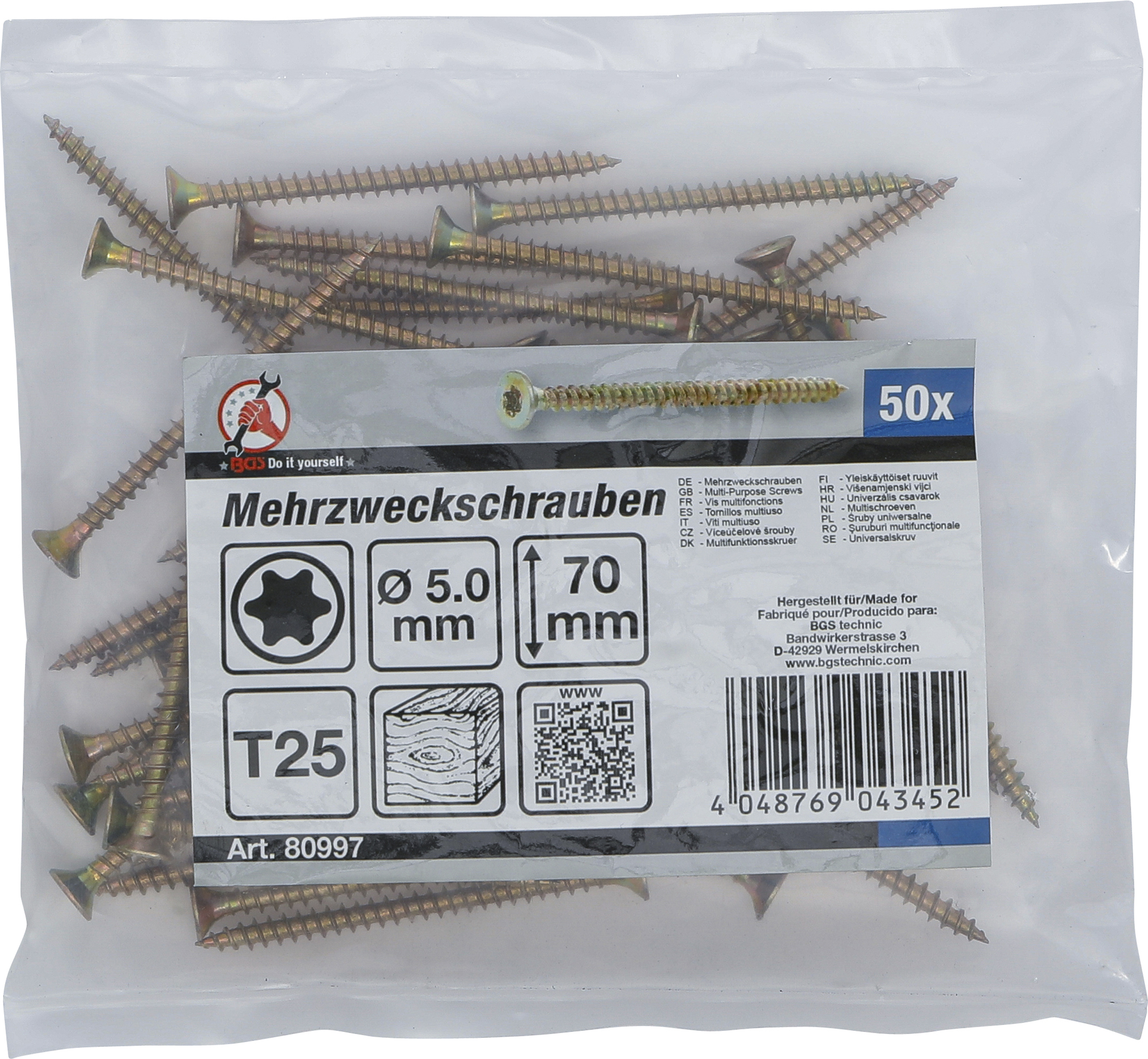 BGS Mehrzweckschrauben | T-Profil (für Torx) T25 | 5,0 x 70 mm | 50 Stück