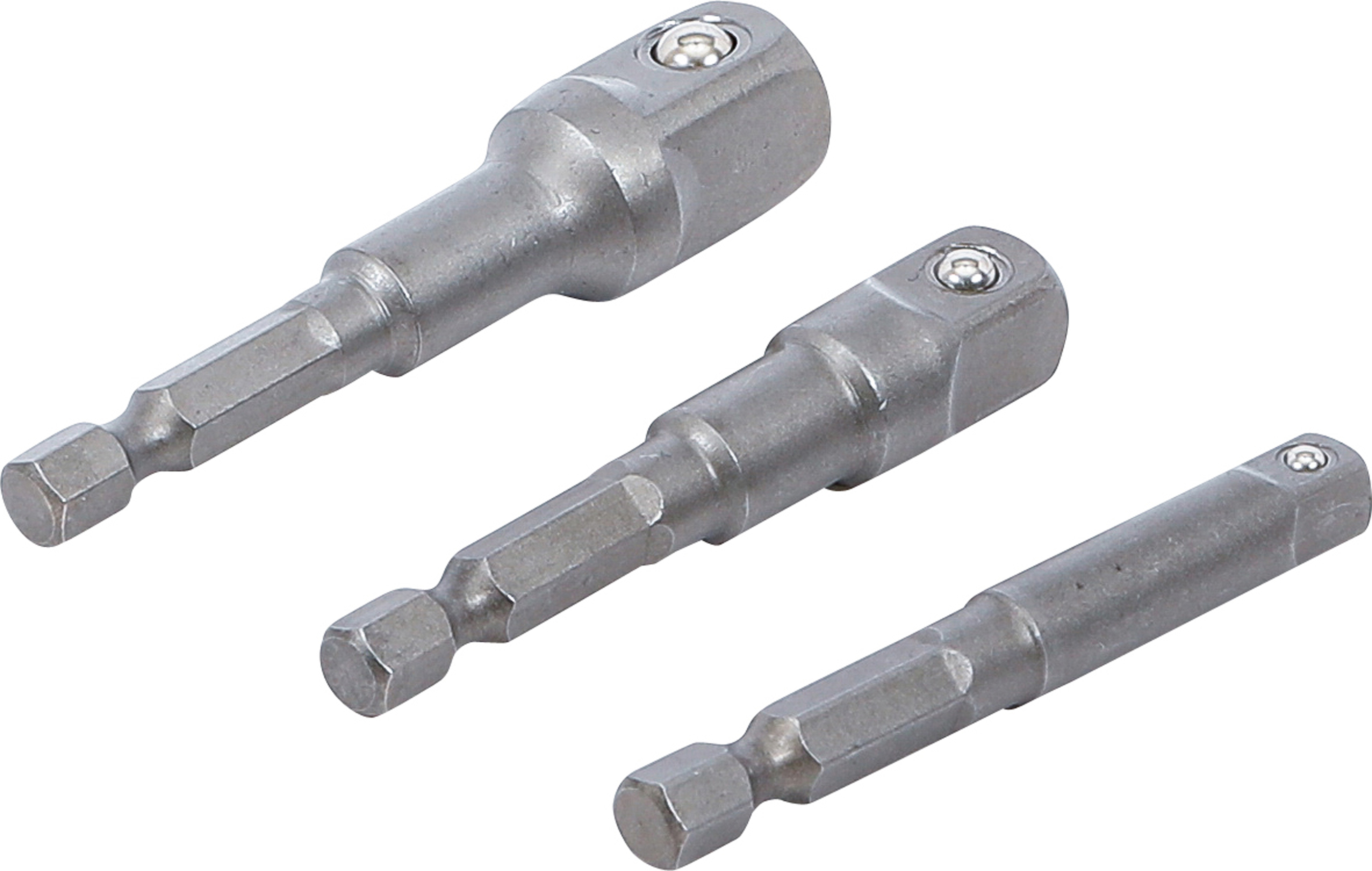 BGS Adapter-Satz für Bohrmaschinen | Außensechskant Antrieb 6,3 mm (1/4") | Abtrieb Außenvierkant 6,3 mm (1/4"), 10 mm (3/8"), 12,5 mm (1/2") | 3-tlg.