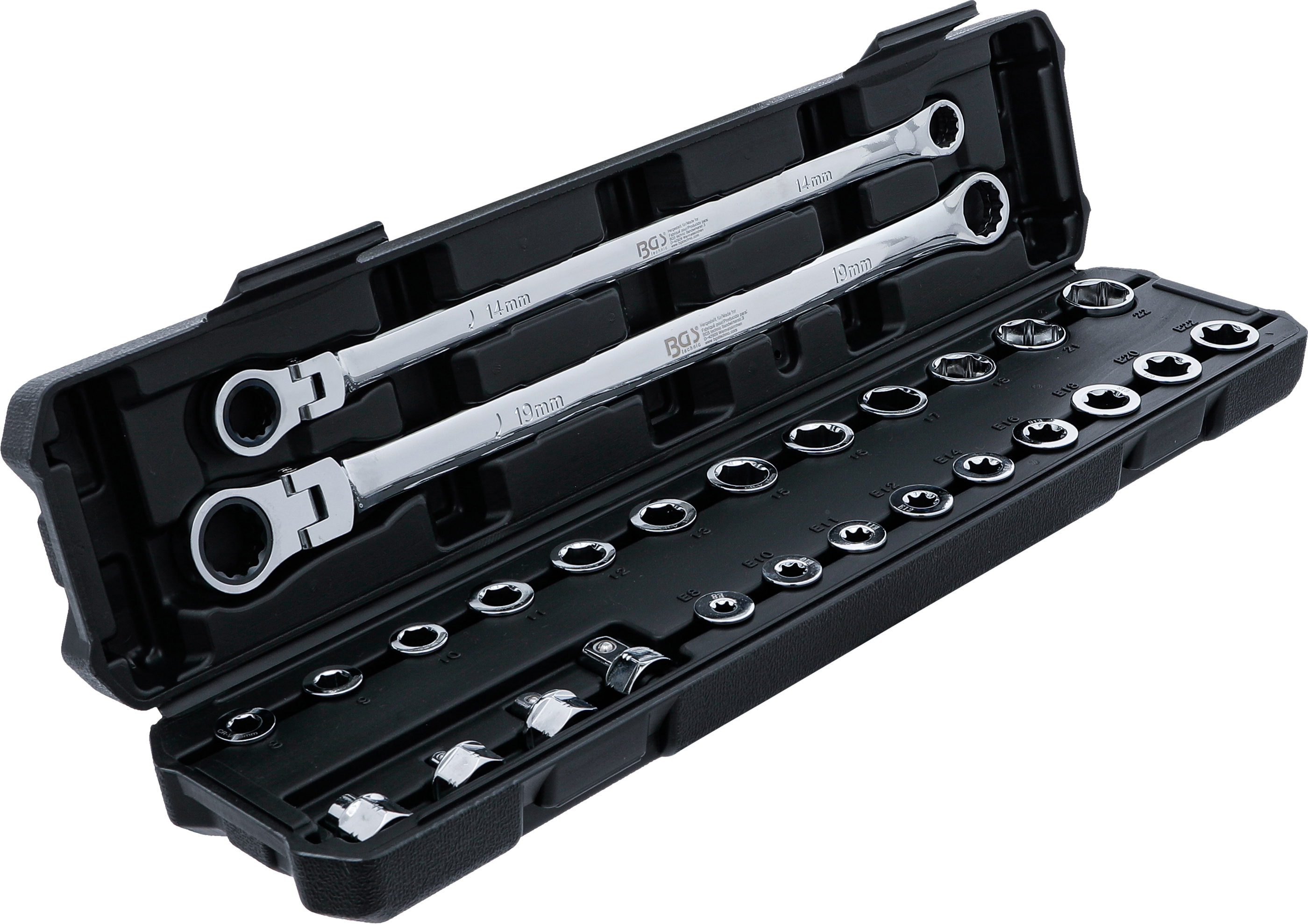 BGS Doppel-Ring- und Ratschenring-Gelenkschlüssel-Satz | extra lang | 27-tlg.