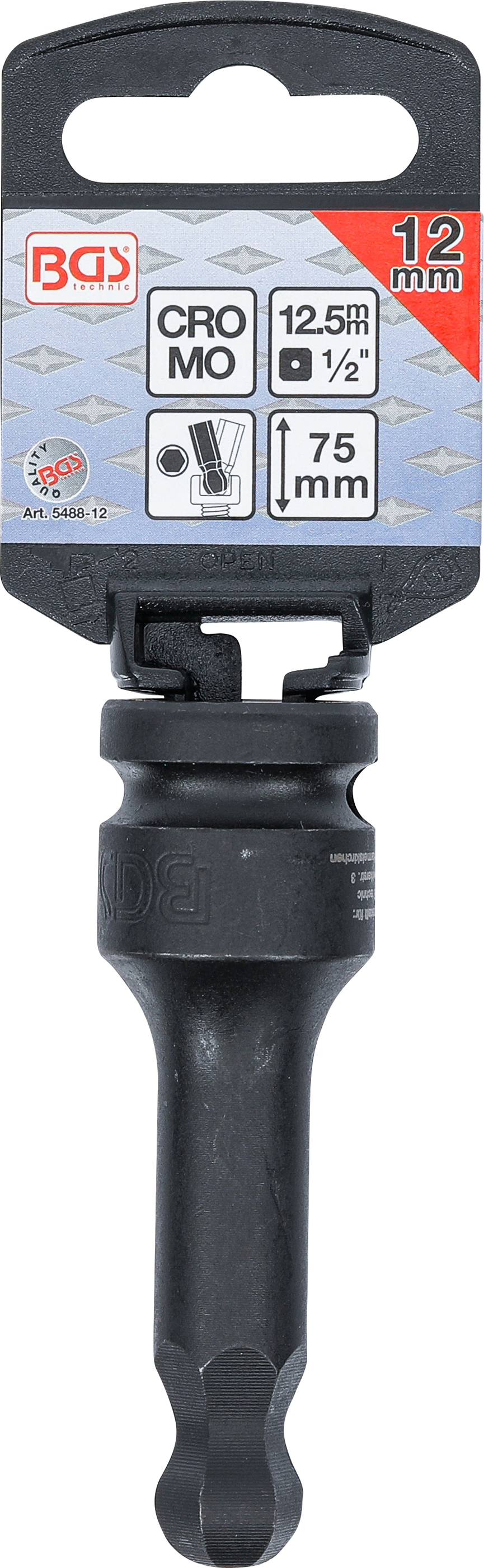 BGS Kraft-Bit-Einsatz | Länge 75 mm | Antrieb Innenvierkant 12,5 mm (1/2") | Innensechskant mit Kugelkopf 12 mm