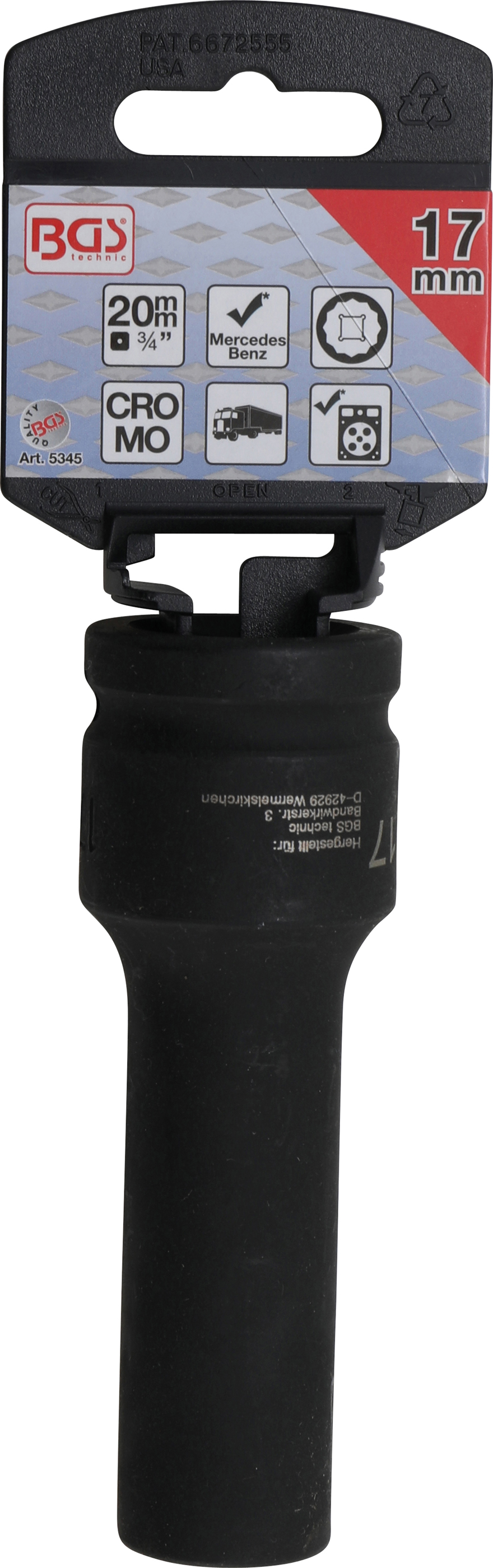 BGS Kraft-Steckschlüssel-Einsatz Zwölfkant, tief | Antrieb Innenvierkant 20 mm (3/4") | SW 17 mm