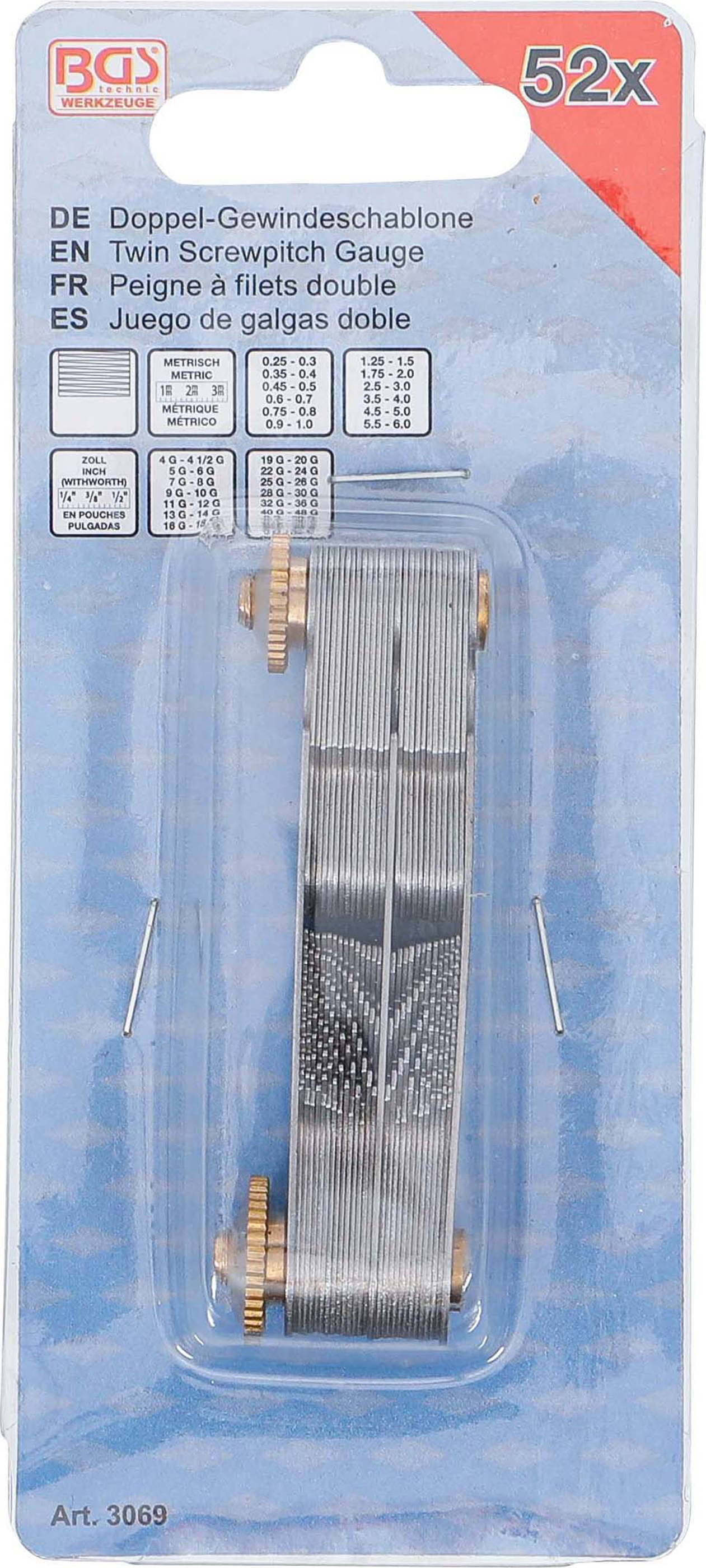 BGS Doppel-Gewindeschablone, 52 Blatt | metrisch 0,25 - 6,0 mm, Whitworth 4G - 62G