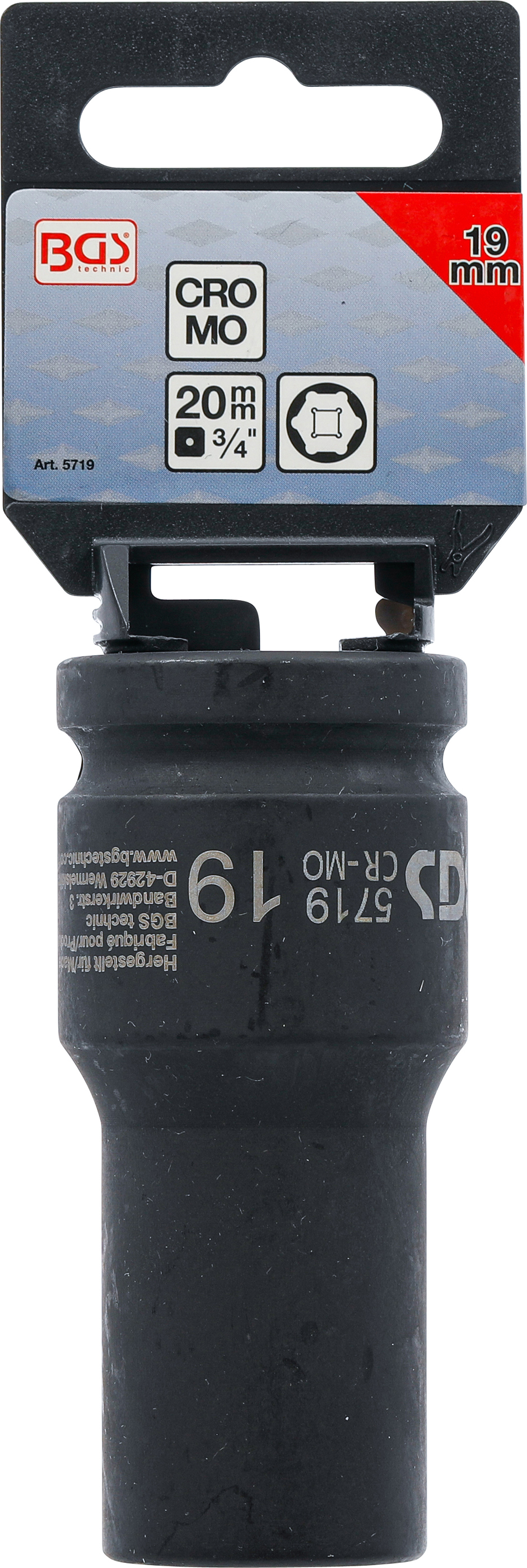 BGS Kraft-Steckschlüssel-Einsatz Sechskant, tief | Antrieb Innenvierkant 20 mm (3/4") | SW 19 mm