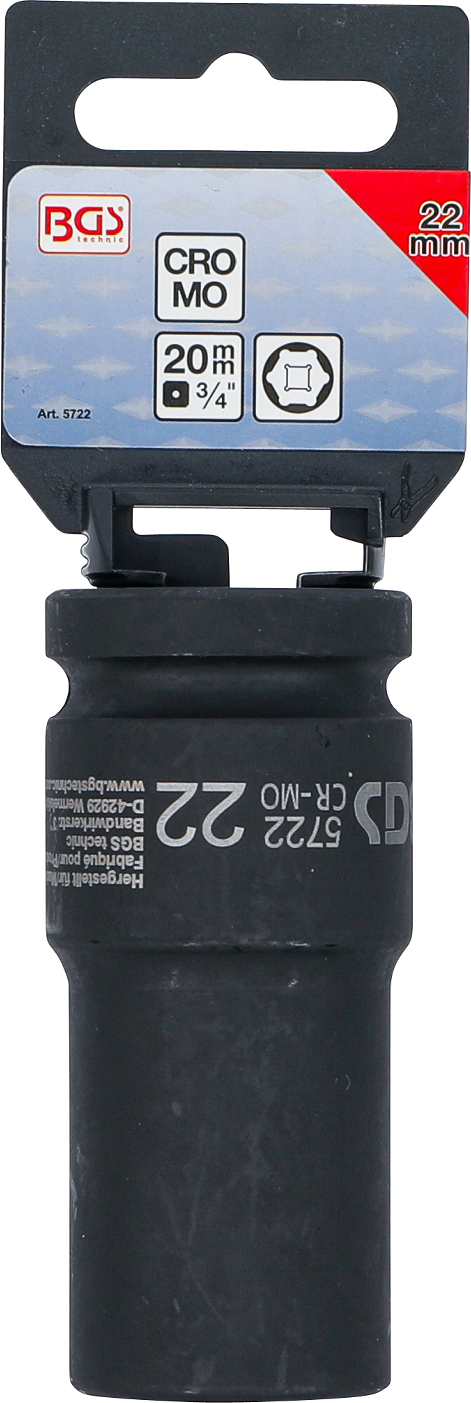 BGS Kraft-Steckschlüssel-Einsatz Sechskant, tief | Antrieb Innenvierkant 20 mm (3/4") | SW 22 mm