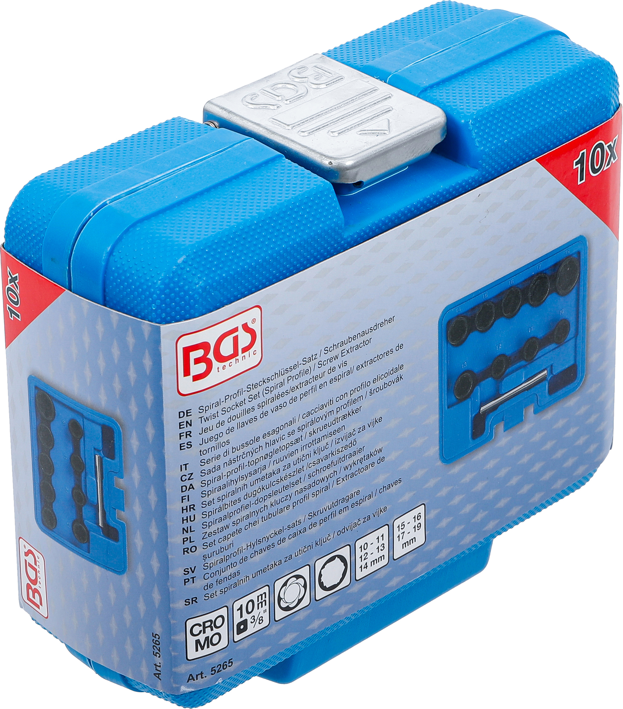 BGS Spiral-Profil-Steckschlüssel-Satz / Schraubenausdreher | Antrieb Innenvierkant 10 mm (3/8") | SW 10 - 19 mm | 10-tlg.