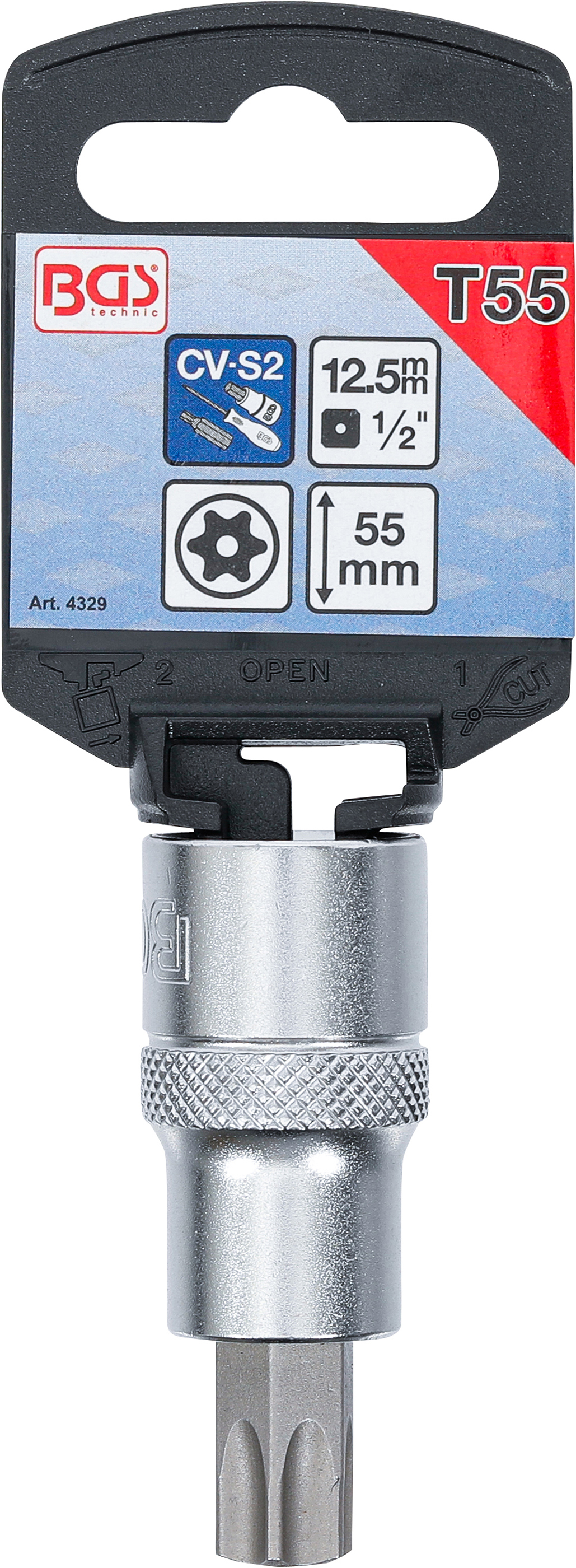 BGS Bit-Einsatz | Antrieb Innenvierkant 12,5 mm (1/2") | T-Profil (für Torx) mit Bohrung T55