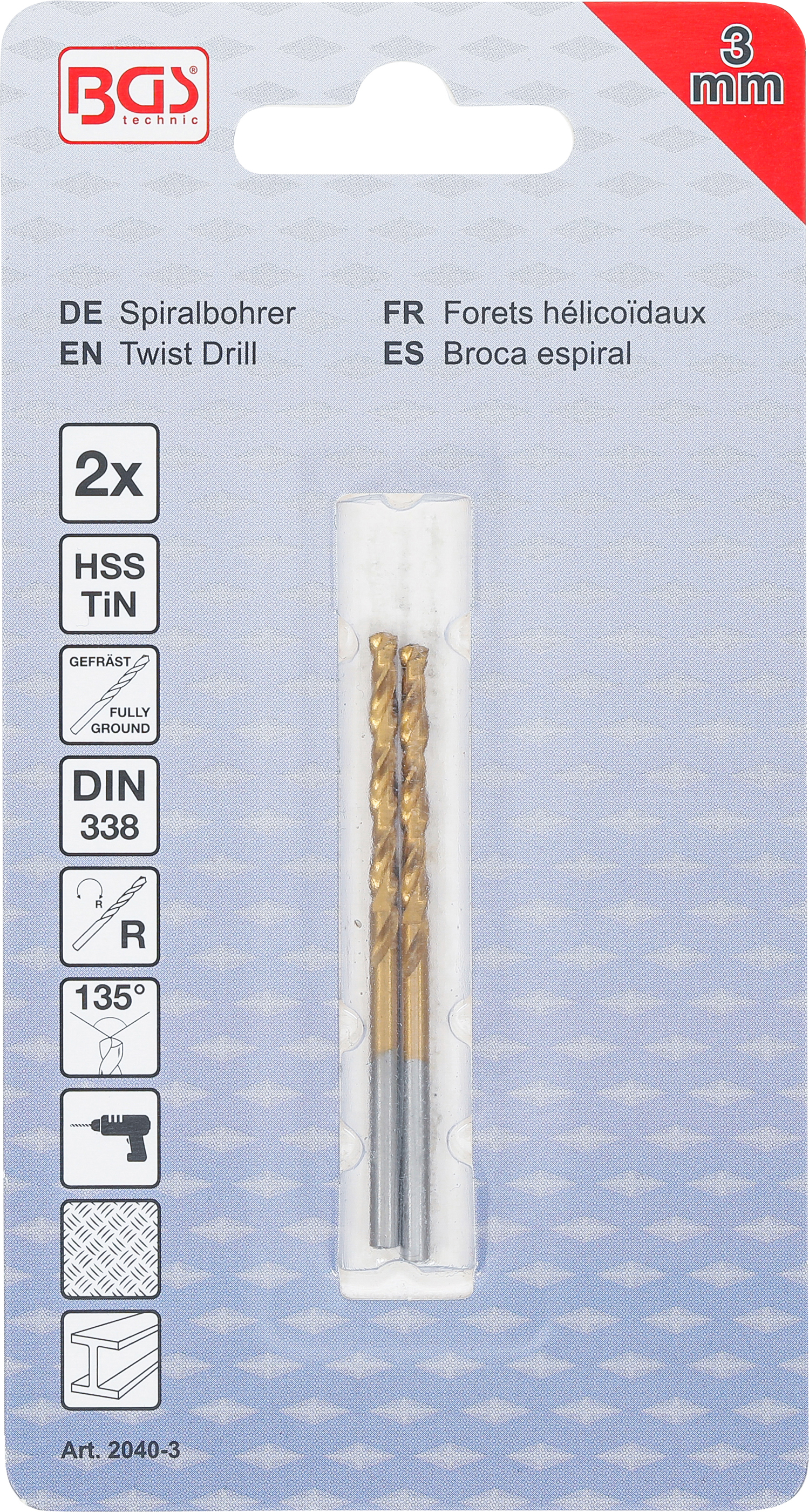 BGS Spiralbohrer | HSS-G | titan-nitriert | 3,0 mm | 2-tlg.