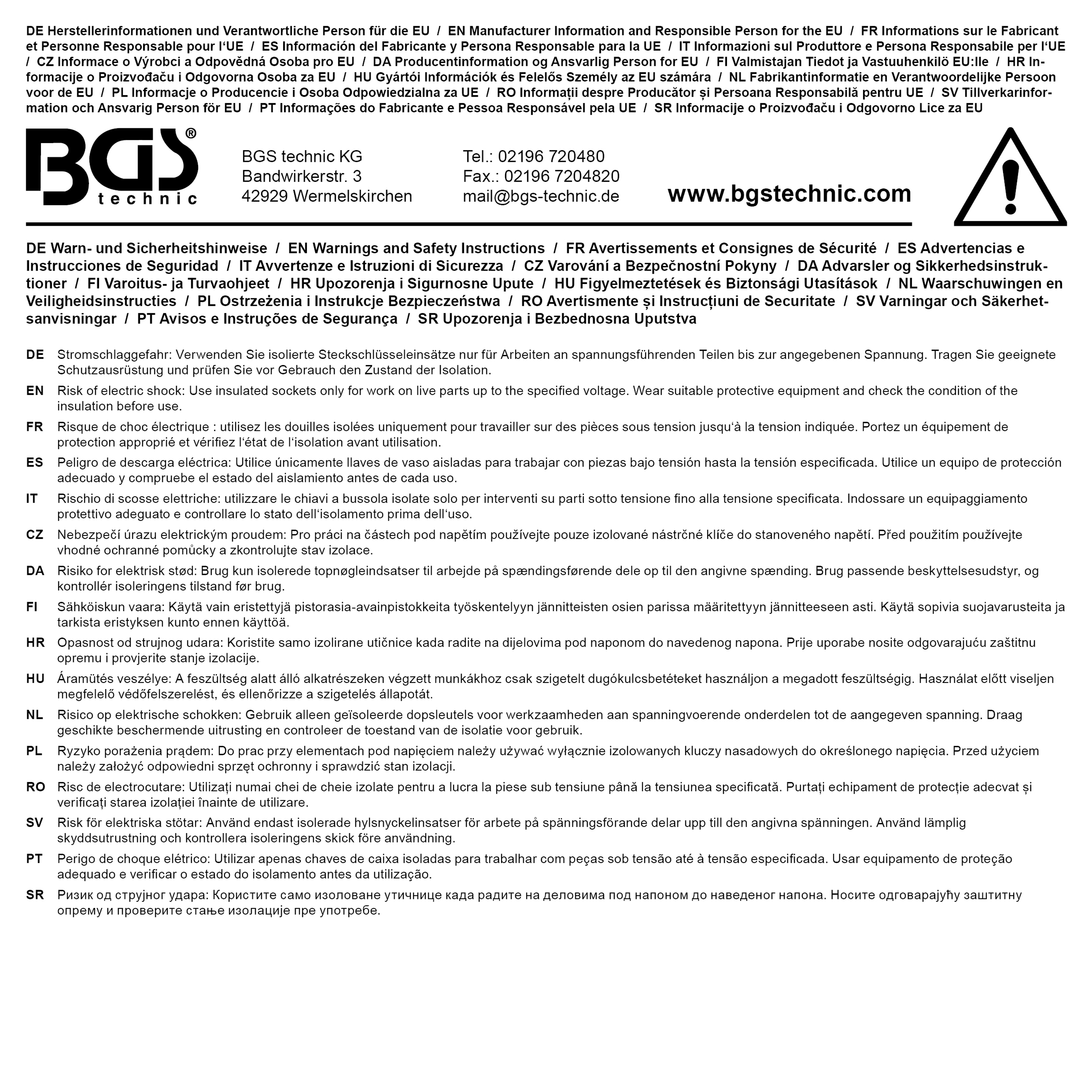 BGS VDE-Steckschlüssel-Einsatz Sechskant | Antrieb Innenvierkant 10 mm (3/8") | SW 21 mm