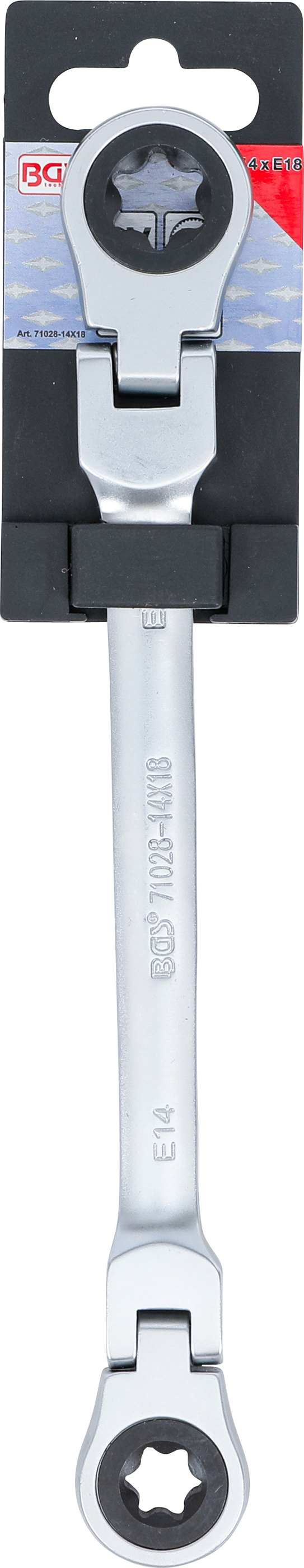 BGS Doppel-Ratschen-Ringschlüssel | abwinkelbar | mit E-Profil Ringköpfen | SW E14 x E18
