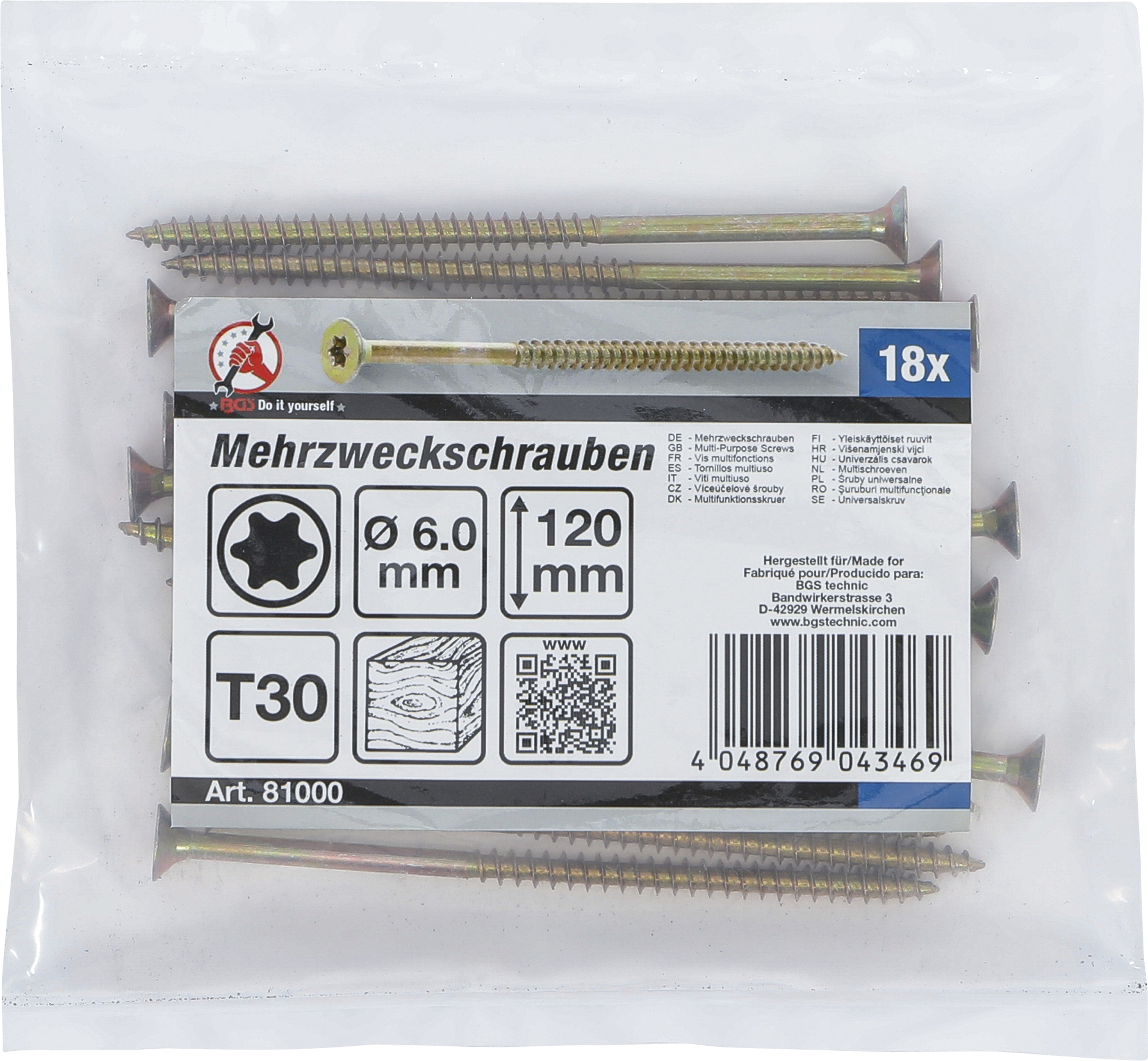 BGS Mehrzweckschrauben | T-Profil (für Torx) T30 | 6,0 x 120 mm | 18 Stück