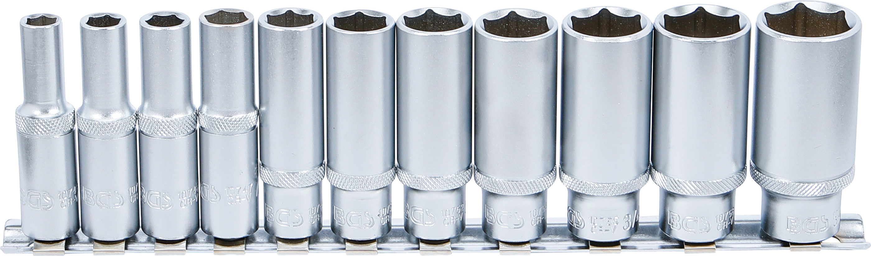 BGS Steckschlüssel-Einsatz-Satz Sechskant, tief | Antrieb Innenvierkant 10 mm (3/8") | Zollgrößen | 11-tlg.