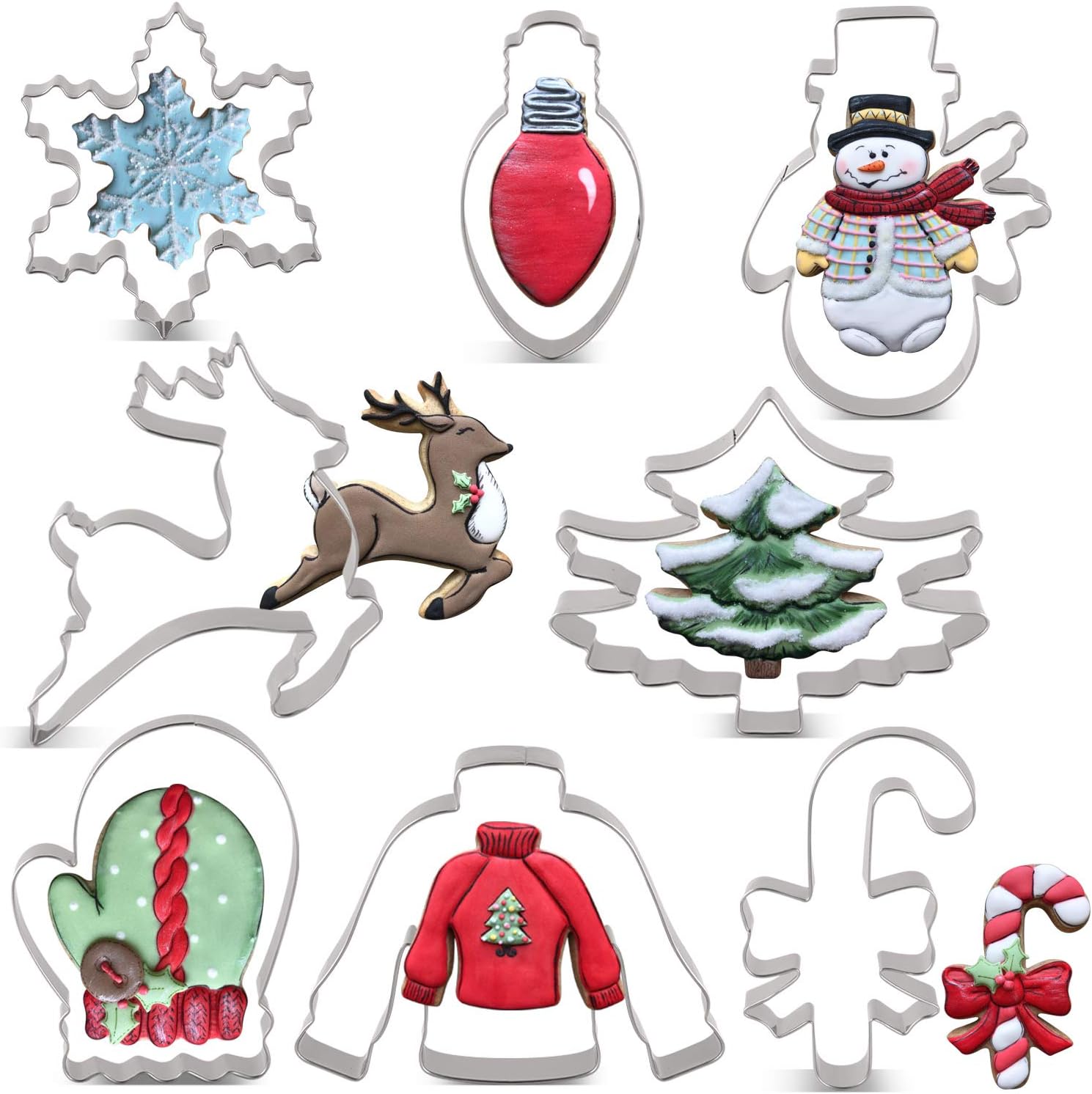 KENIAO Weihnachten Ausstechformen Set - 9 Stück - Weihnachtsbaum, Lebkuchenmann, Zuckerstange, Rentier, Glühlampe, Schneemann, Schneeflocke, Pullover 