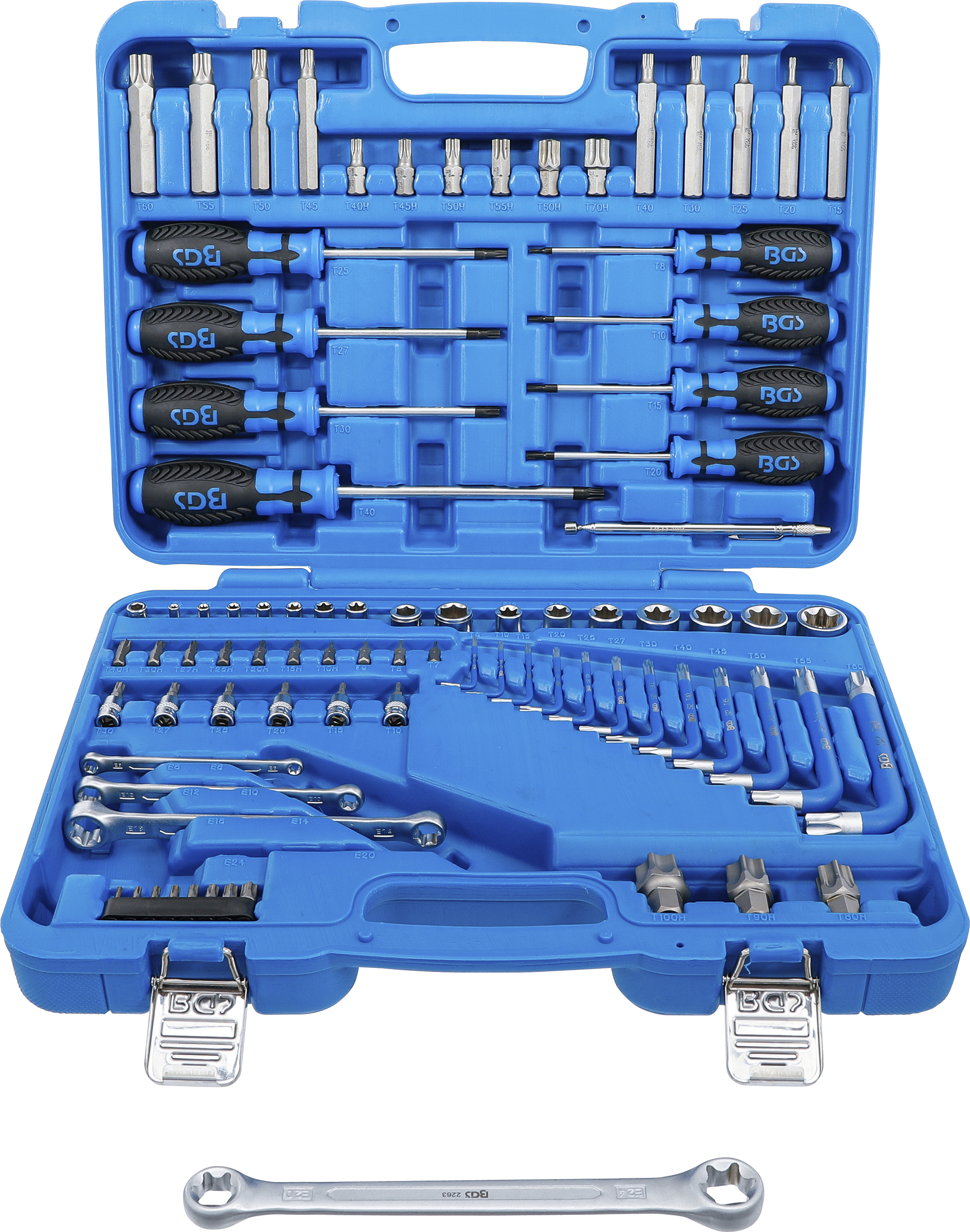 BGS Werkzeugsortiment | 6,3 mm (1/4") + 12,5 mm (1/2") | E-Profil / T-Profil (für Torx) | 84-tlg.
