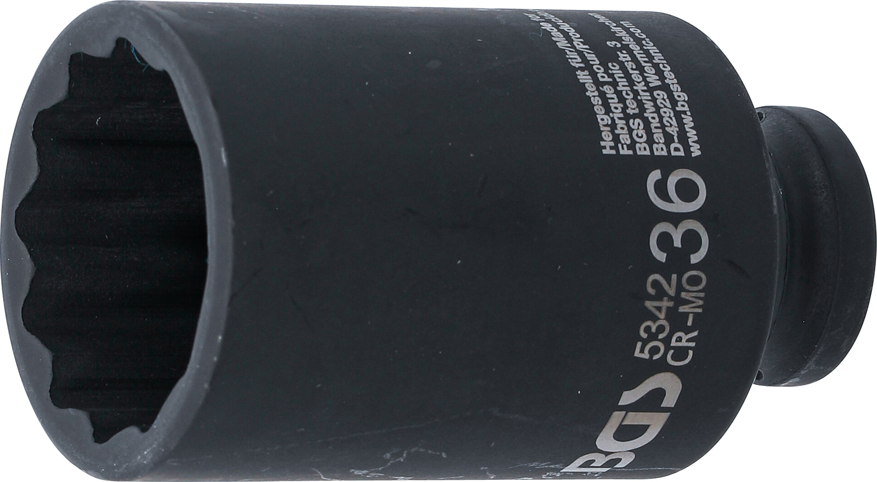 BGS Kraft-Steckschlüssel-Einsatz Zwölfkant, tief | Antrieb Innenvierkant 12,5 mm (1/2") | SW 36 mm