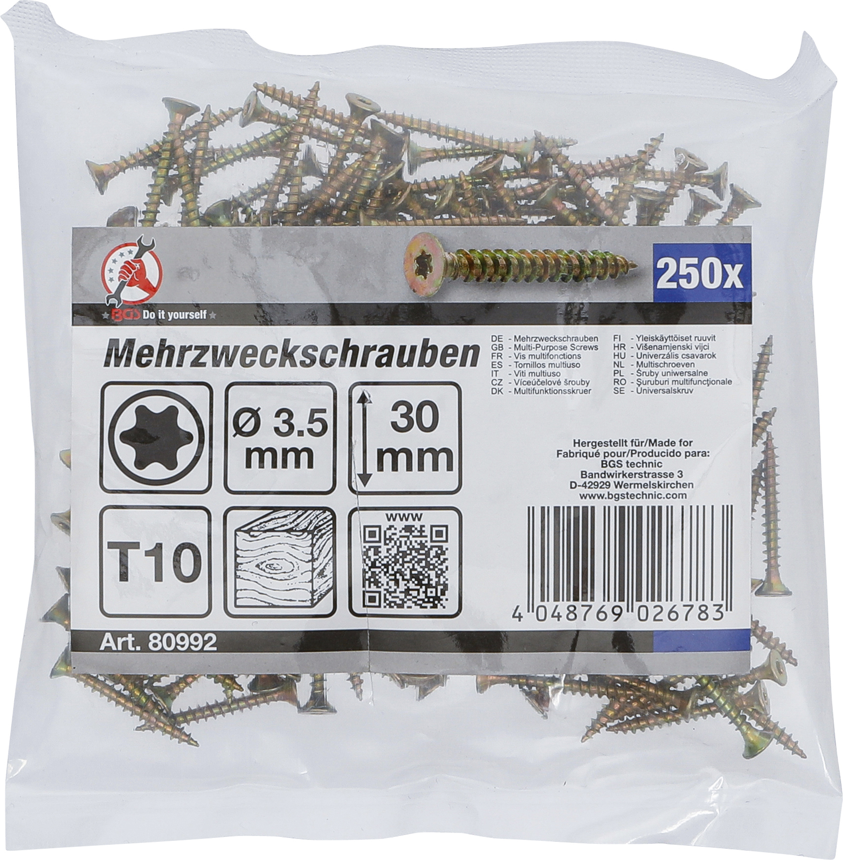 BGS Mehrzweckschrauben | T-Profil (für Torx) T10 | 3,5 x 30 mm | 250 Stück