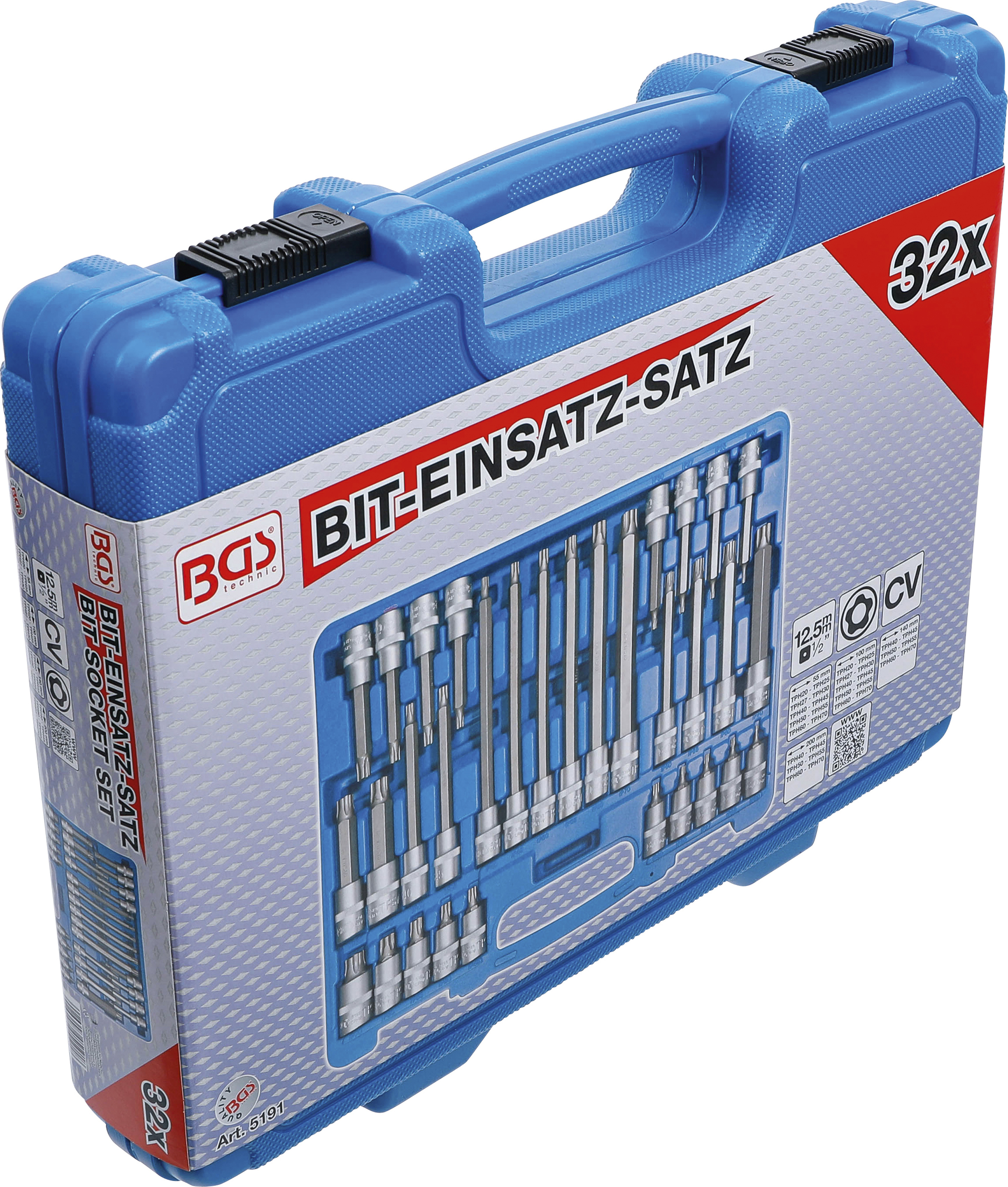 BGS Bit-Einsatz-Satz | Antrieb Innenvierkant 12,5 mm (1/2") | TPS-Profil (für Torx Plus) mit Bohrung TPS20 - TPS70 | 32-tlg.